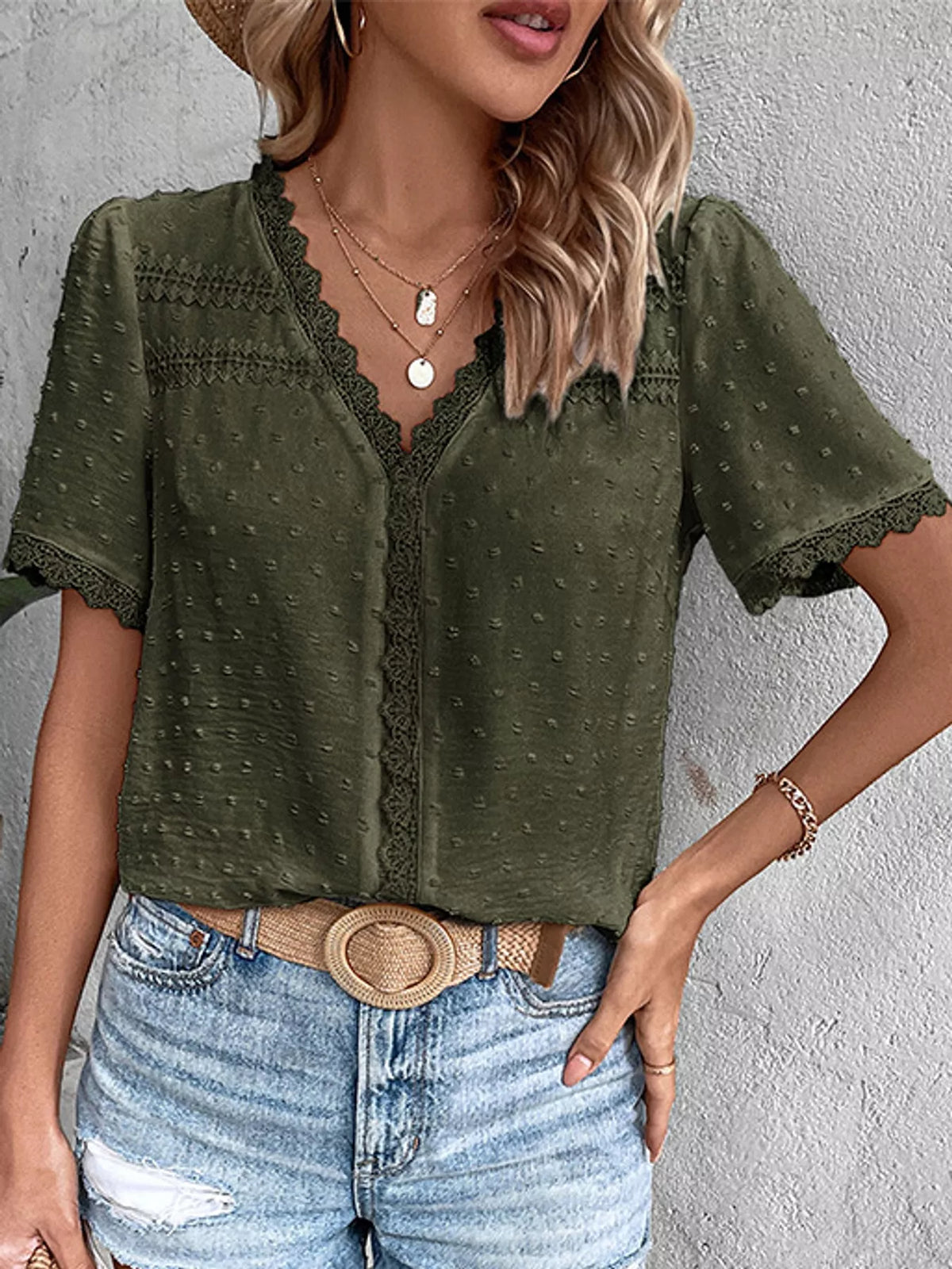 Army Green swiss dot v-neck blouse with lace trim