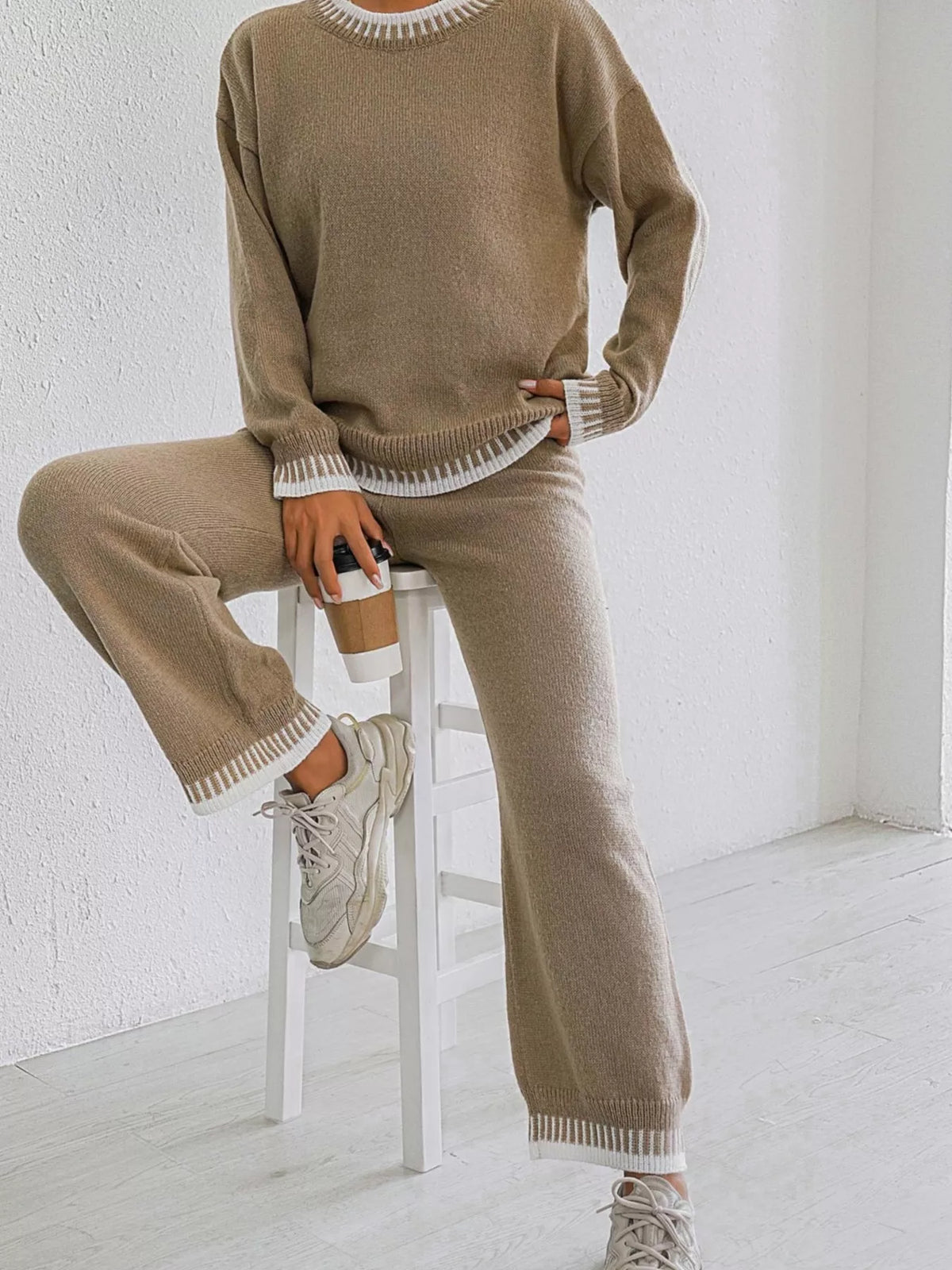 Taupe Contrast Trim Crew Neck Sweater and Pants Set three-quarter view