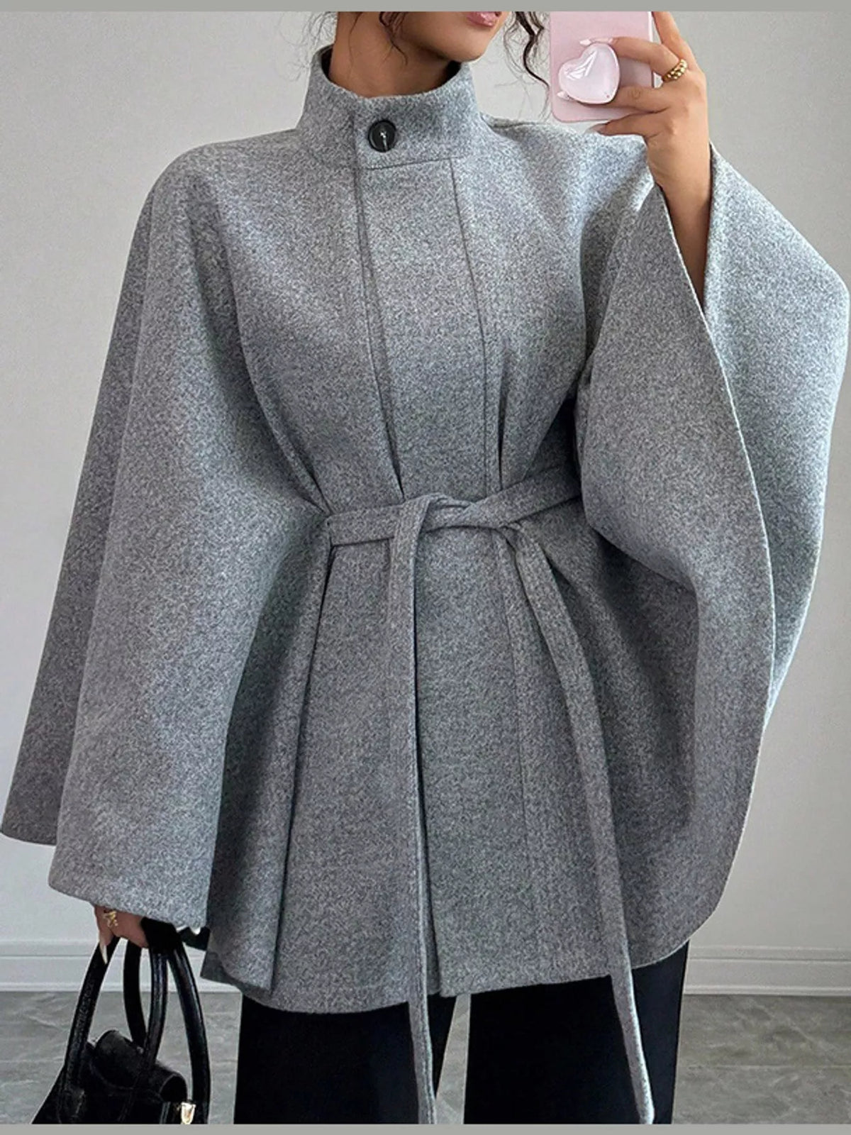 Gray tie-waist cape — front view