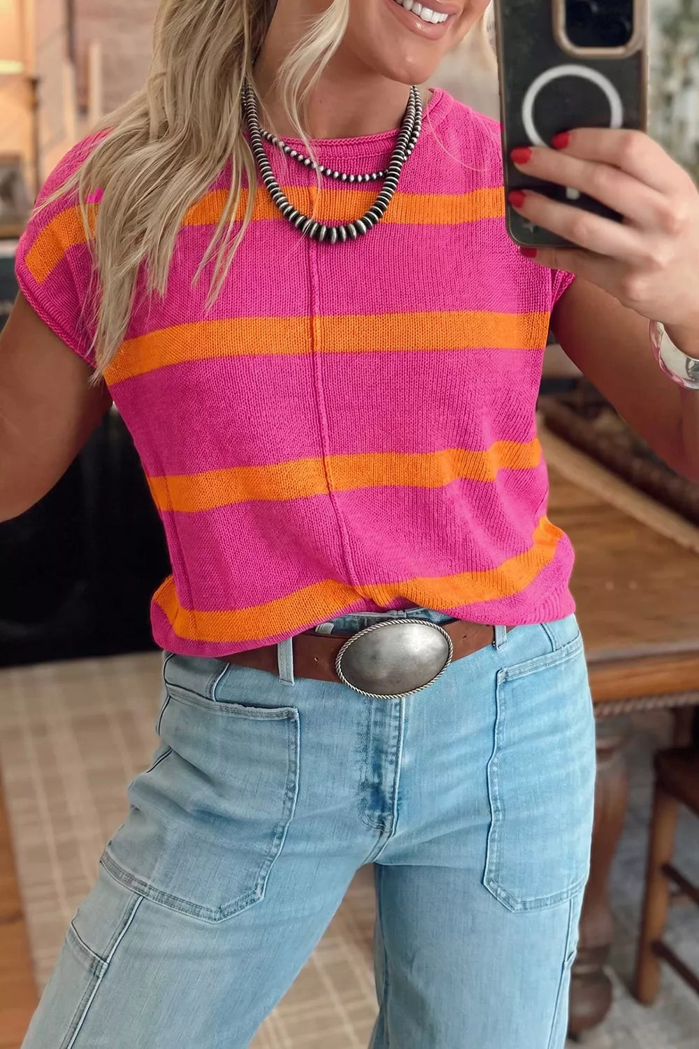 Trendsi Stripe Knit Western Short Sleeve Sweater -