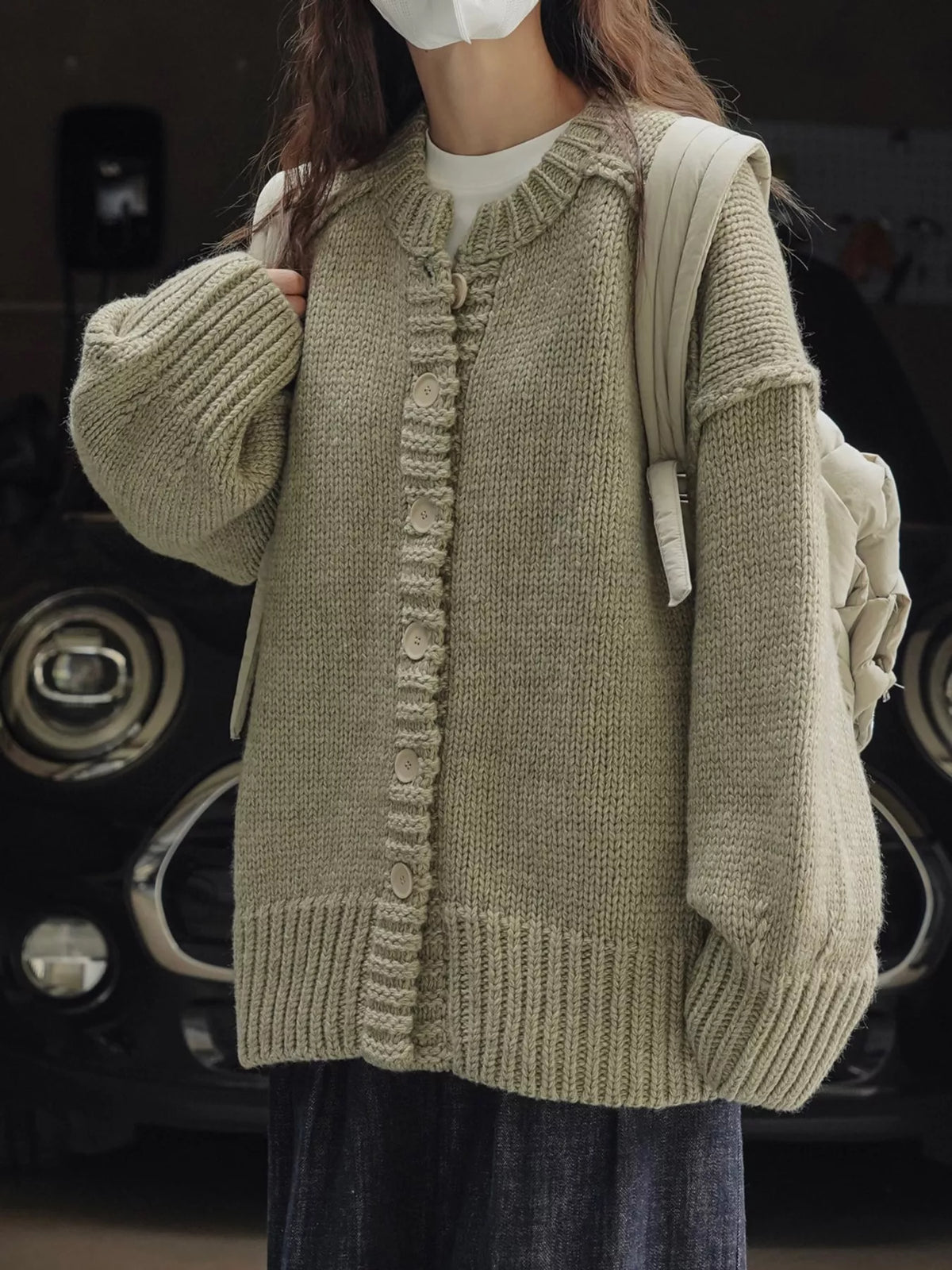 Oversized Chunky Knit Cardigan with Textured Button Placket in green