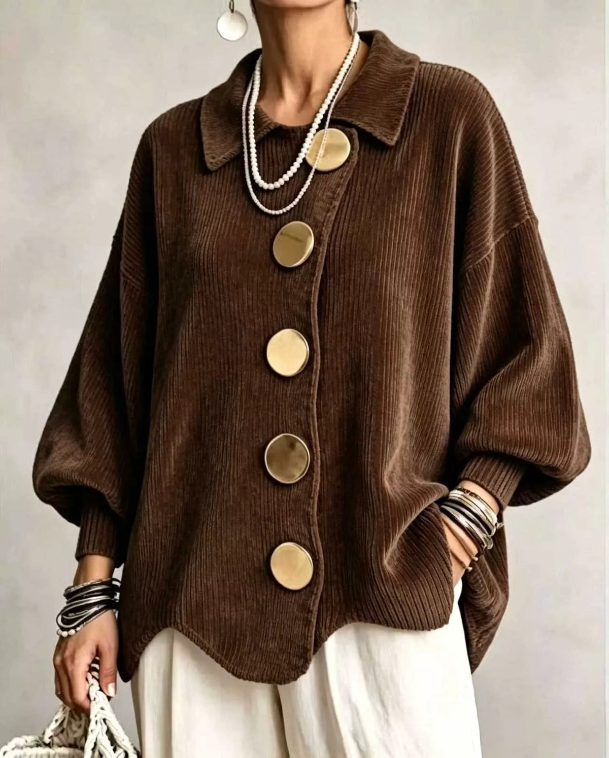 Women's Ribbed Knit Gold Buttons Cardigan in dark brown — front view