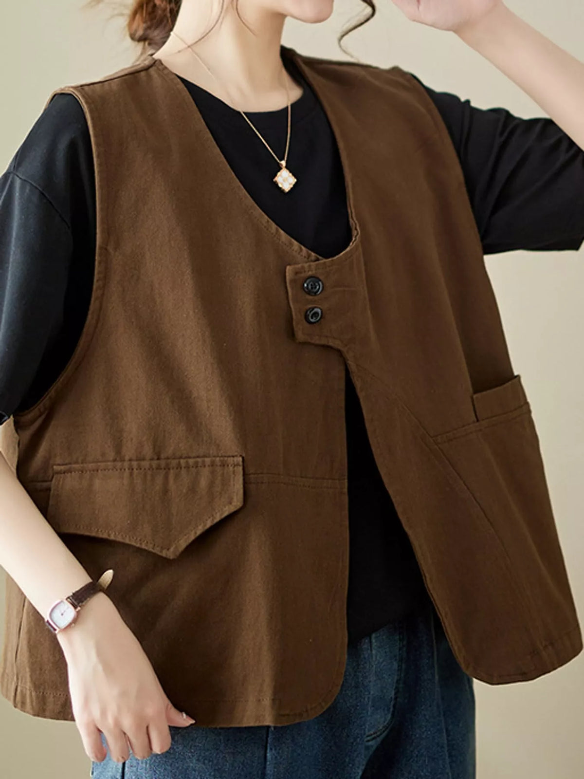 Asymmetric Button Closure Utility Vest Coat in coffee