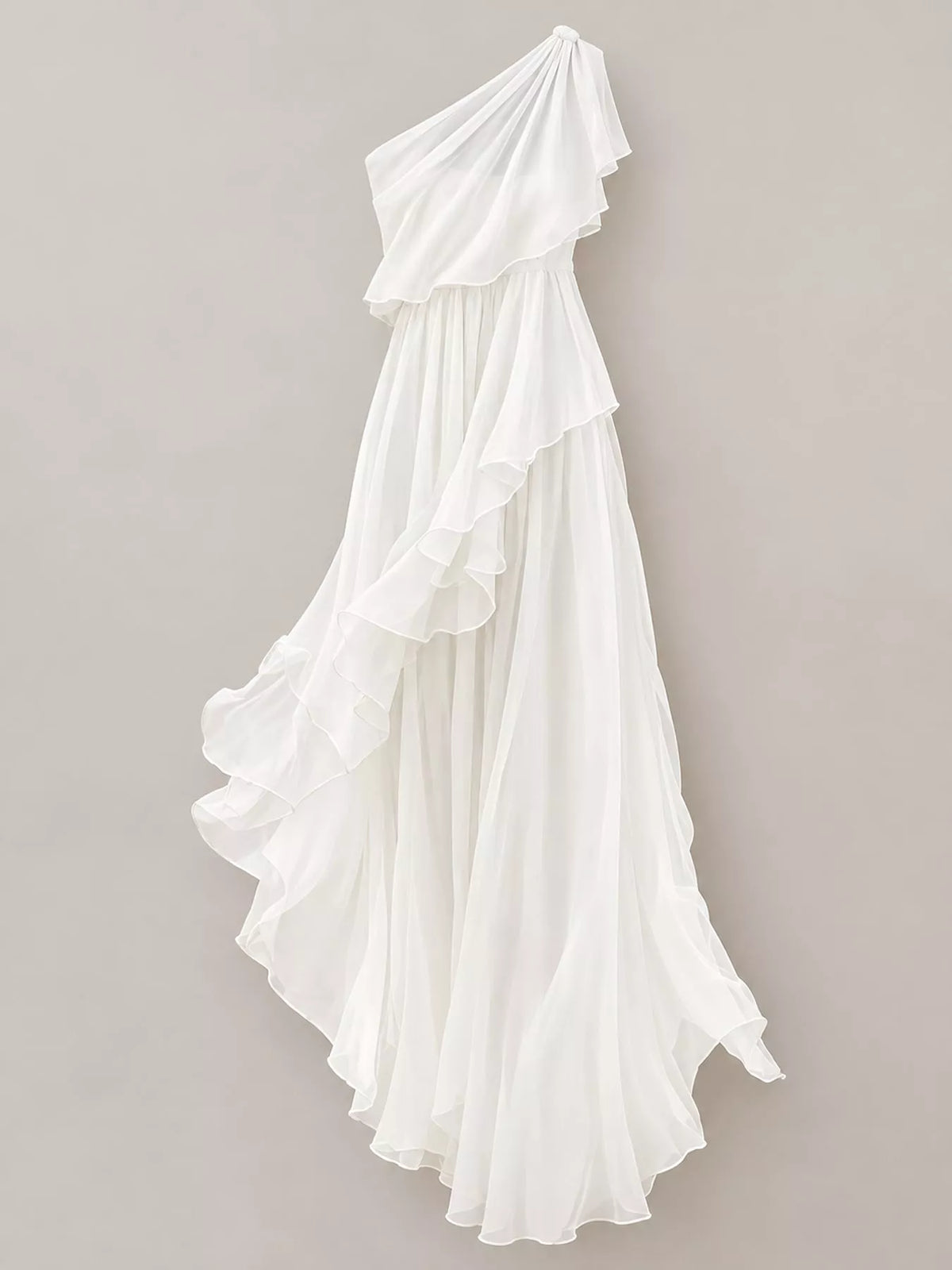 Women's One-Shoulder Ruffled Chiffon Maxi Dress in white — flat lay view