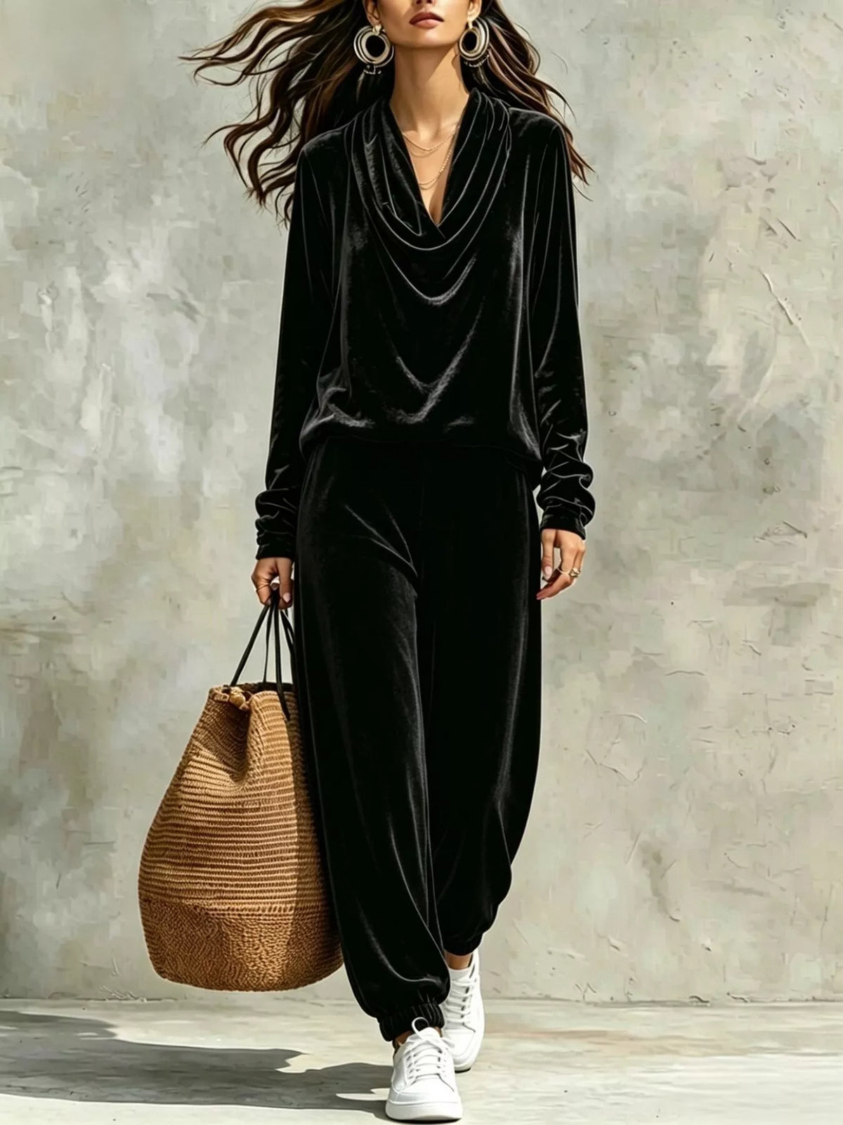 Black velvet cowl neck top and pants set, front view