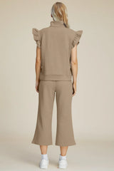 Trendsi Double Take Full Size Texture Ruffle Short Sleeve Top and Wide Leg Pants Set -