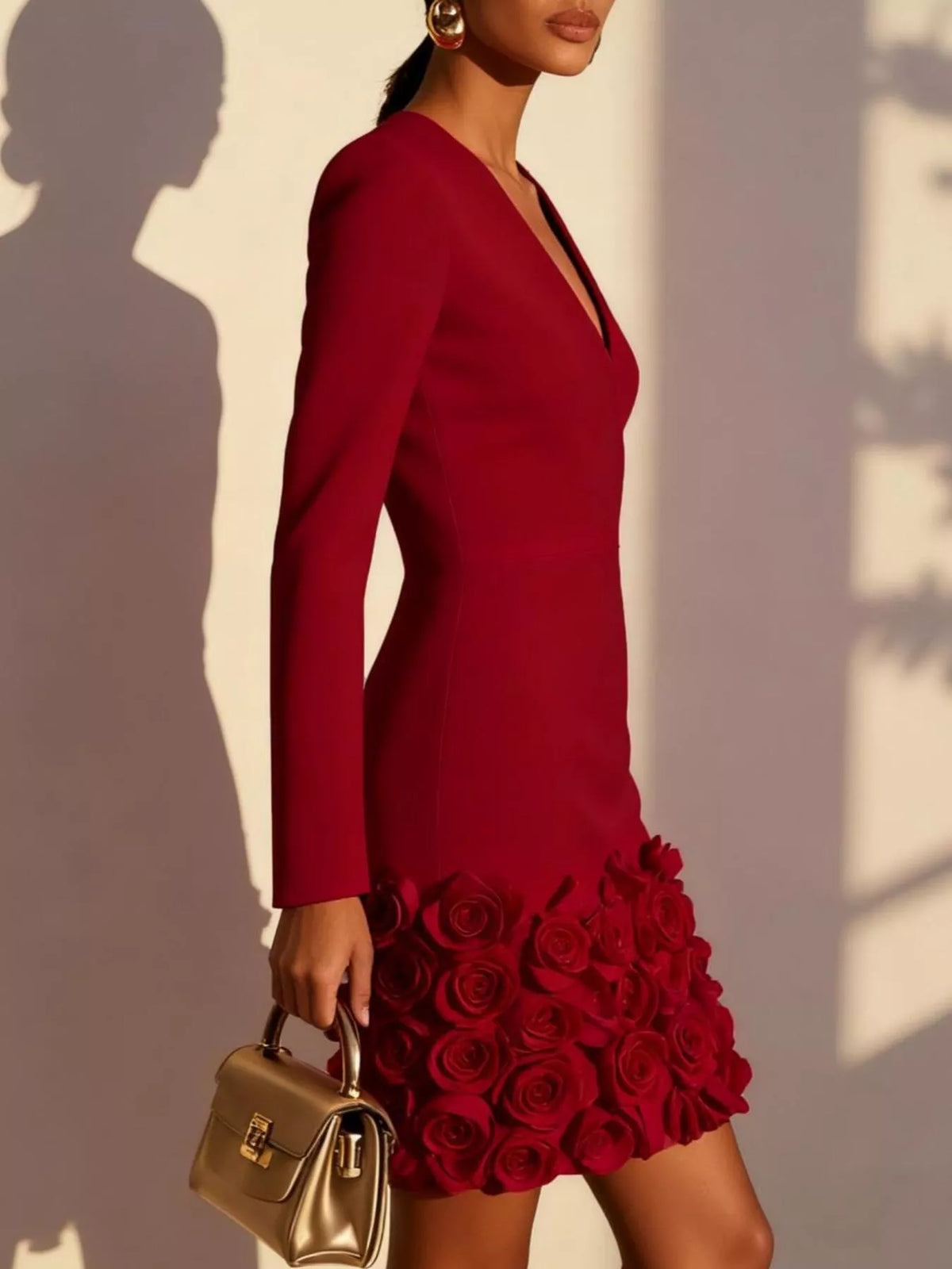V-neck rose-hem mini dress in burgundy, side view