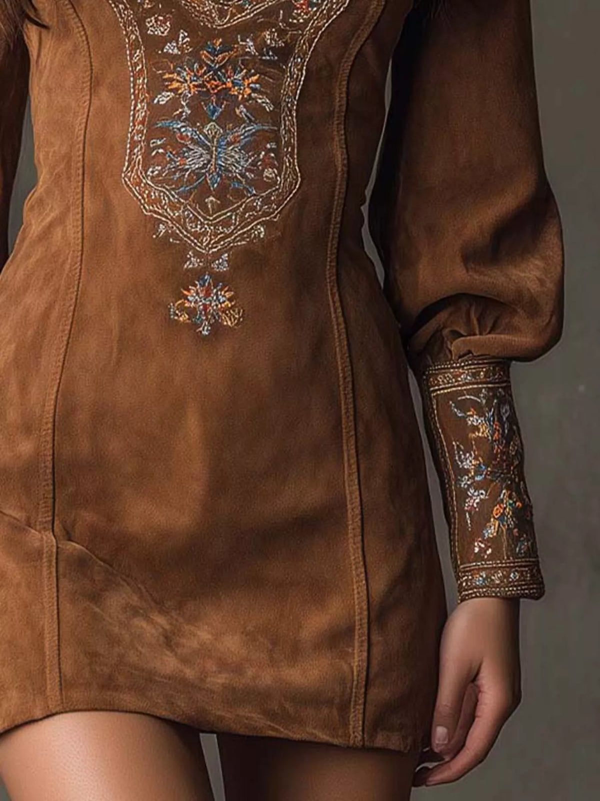 Trendsi Embroidered Lantern Sleeve Mini Dress -