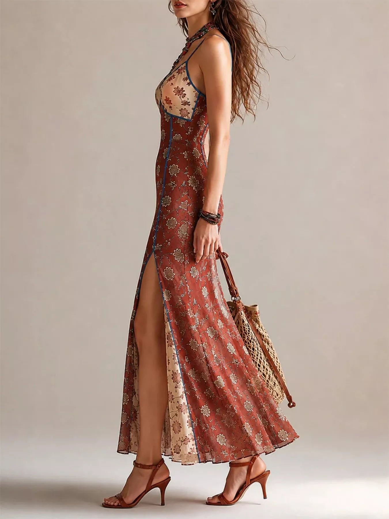 Trendsi Floral Print Spaghetti Strap Maxi Dress with High Slit -