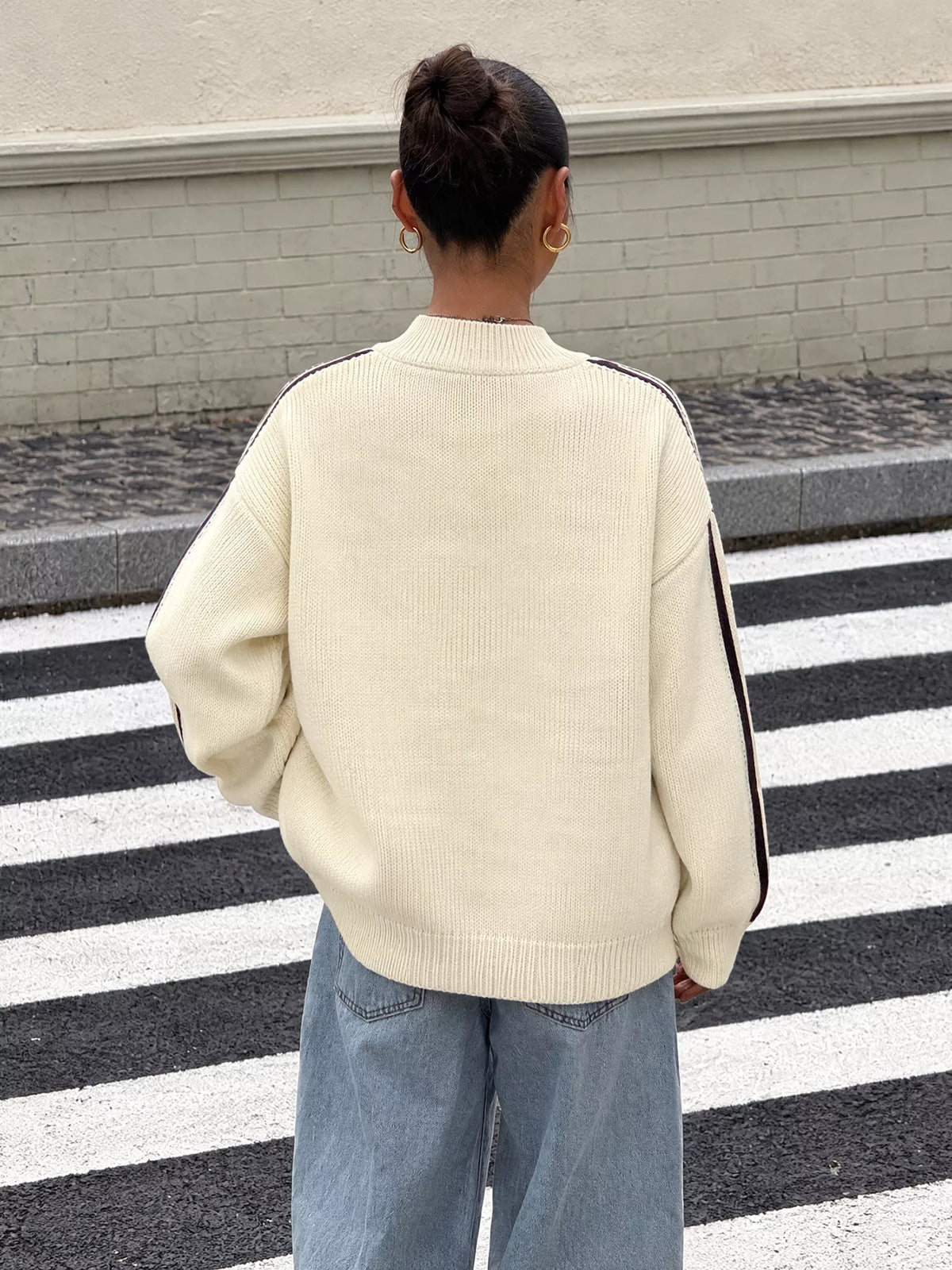 Cream Chinese knot button cardigan with sleeve stripes, back view