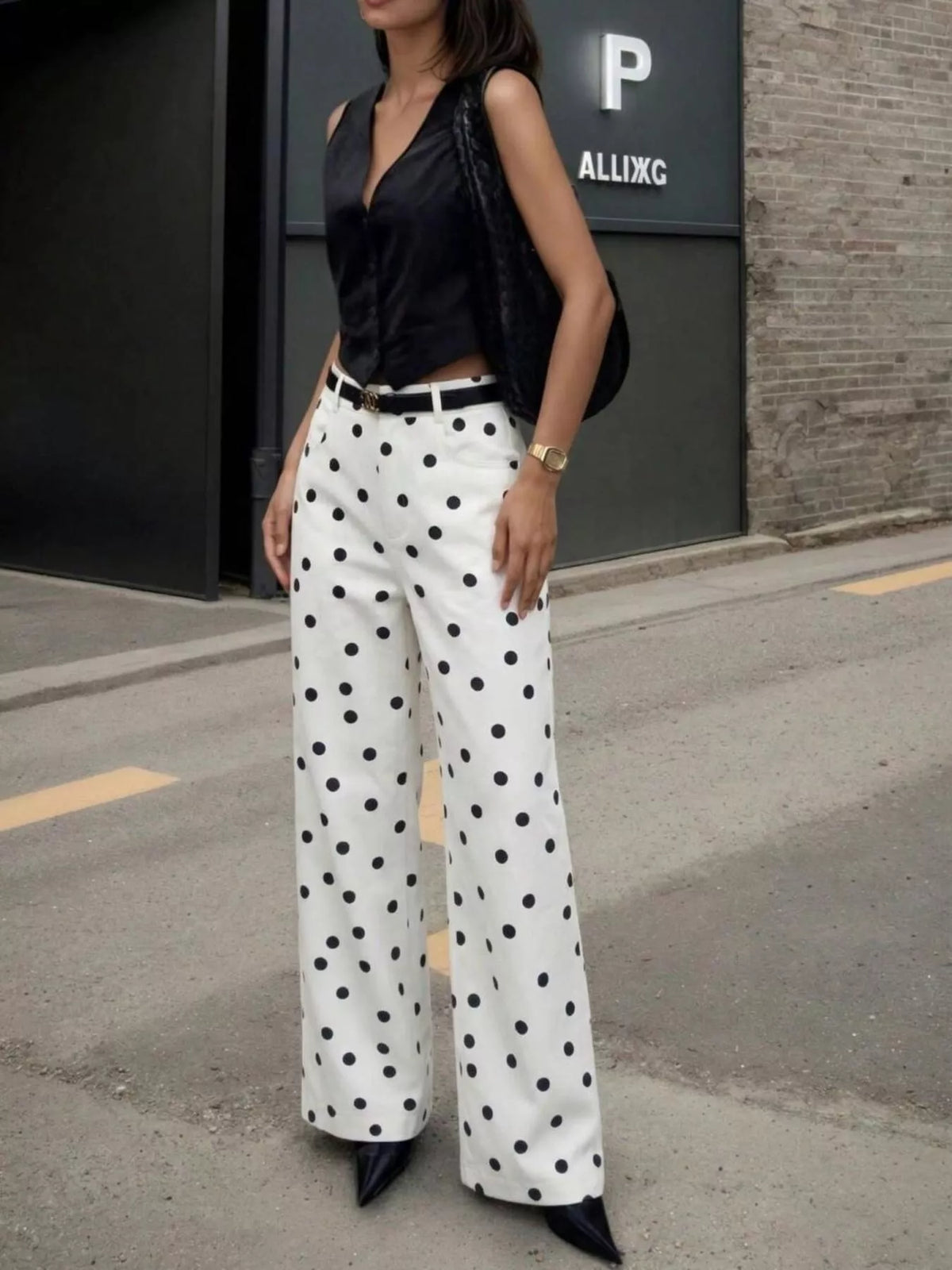 White high-waisted polka dot wide-leg pants