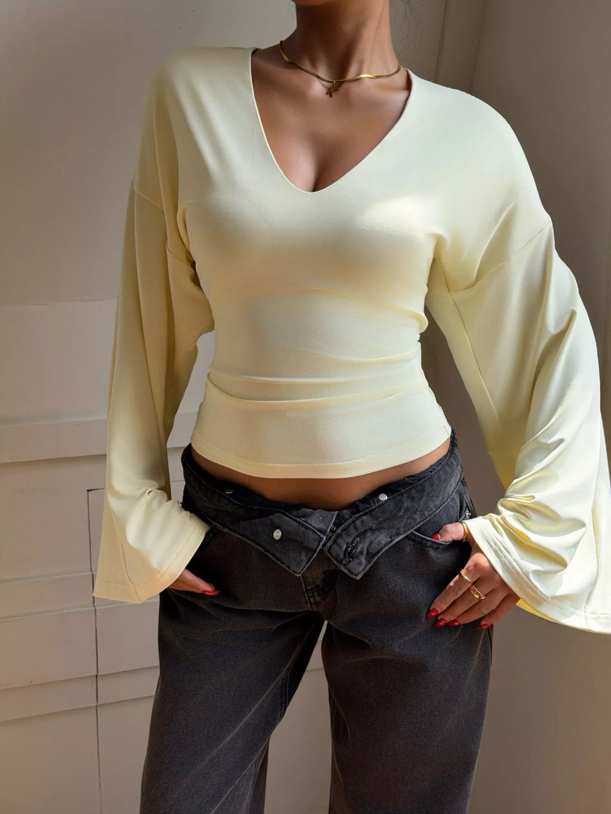 V-Neck Flare Sleeve T-Shirt in yellow, front view