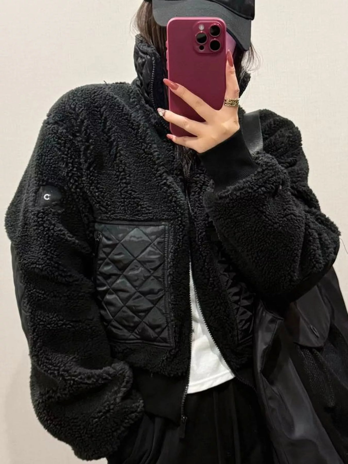 Black sherpa quilted zip up jacket