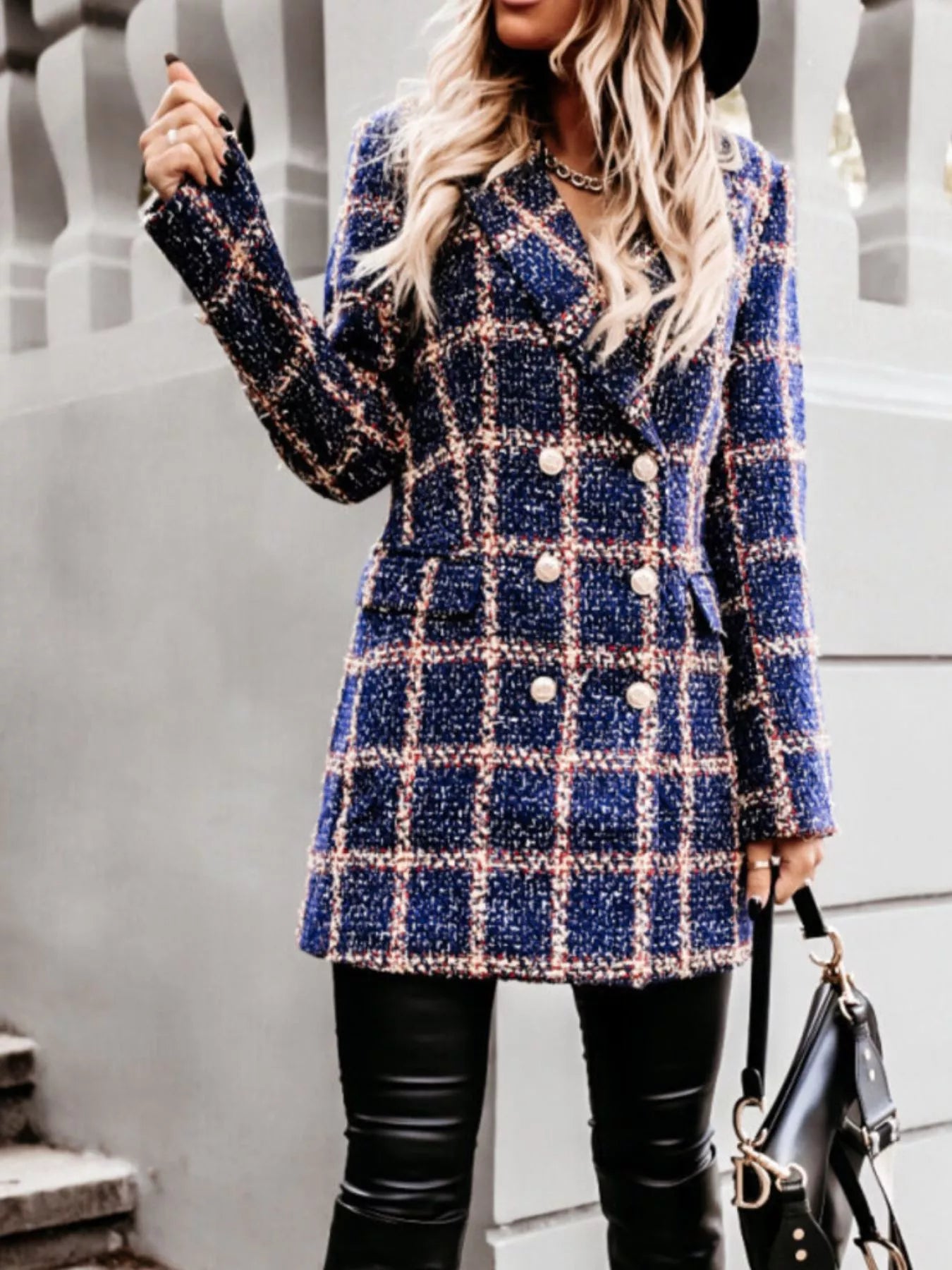 Trendsi Plaid Tweed Double-Breasted Coat -