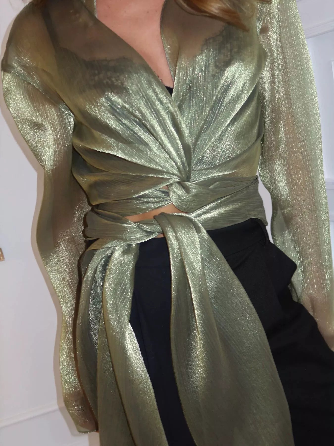 Trendsi Sheer Front Tie Detail Long Sleeve Shirt -