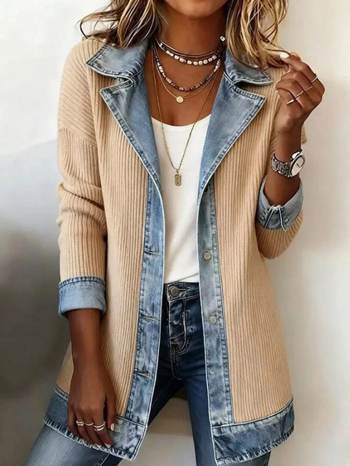 Beige denim trim ribbed knit cardigan
