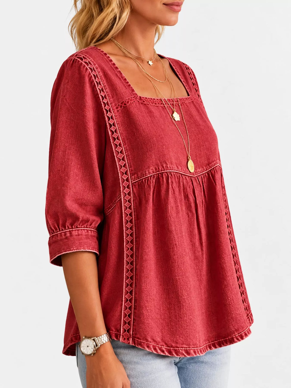 Red square neck embroidered denim blouse