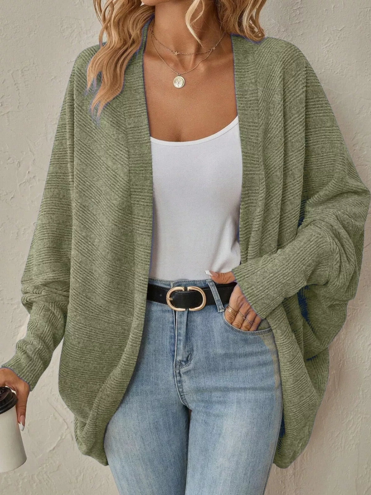 Army Green open-front batwing sleeve cardigan