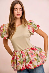 Trendsi BiBi Floral Printed Bubble Sleeves and Hem Peplum Top -