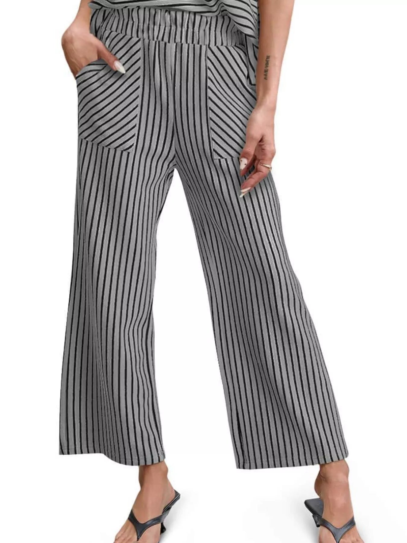 Trendsi Casual Striped Short Sleeve Top and Wide Leg Pants Two-Piece Set -