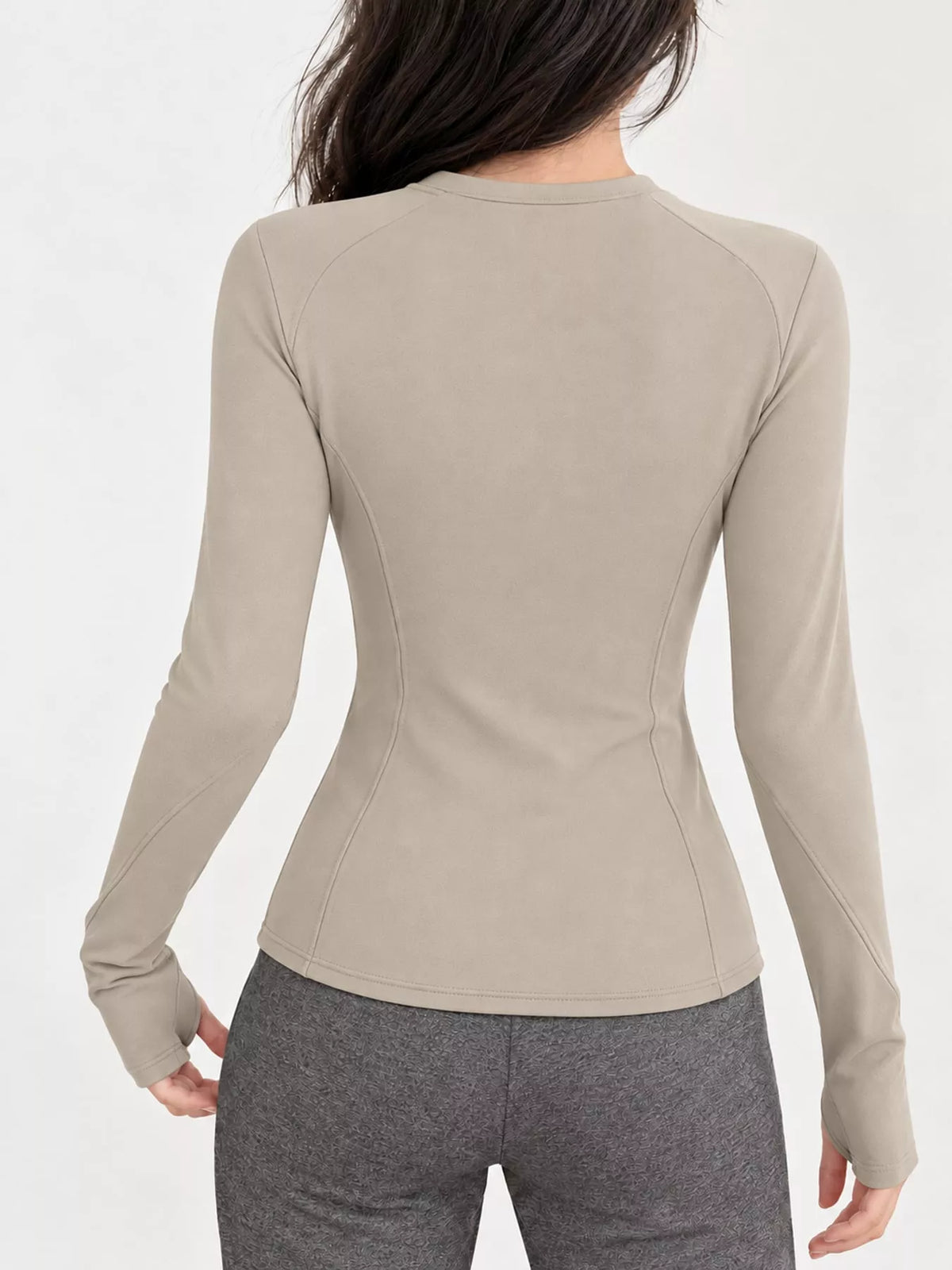 Beige slim-fit zip-up long sleeve jacket — back view