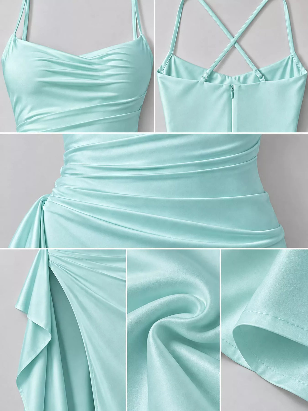 Turquoise satin ruched high slit maxi dress, detail view