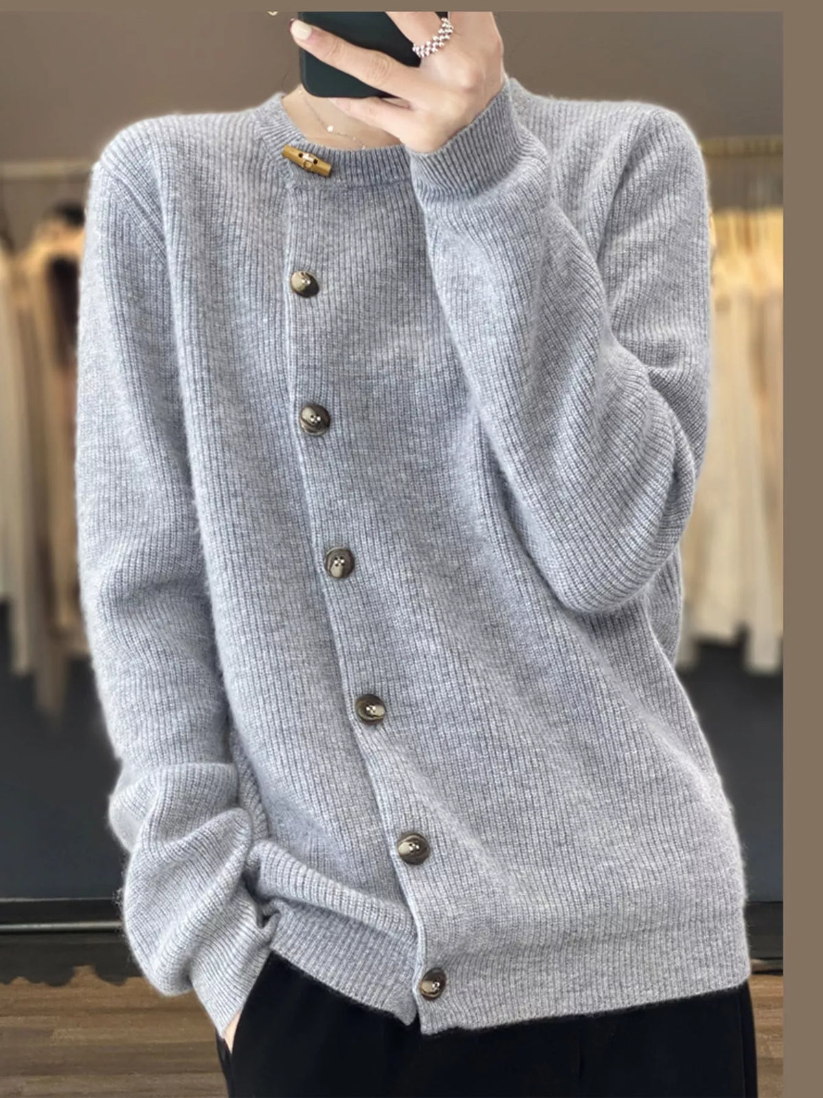 Light Gray ribbed knit asymmetrical button cardigan