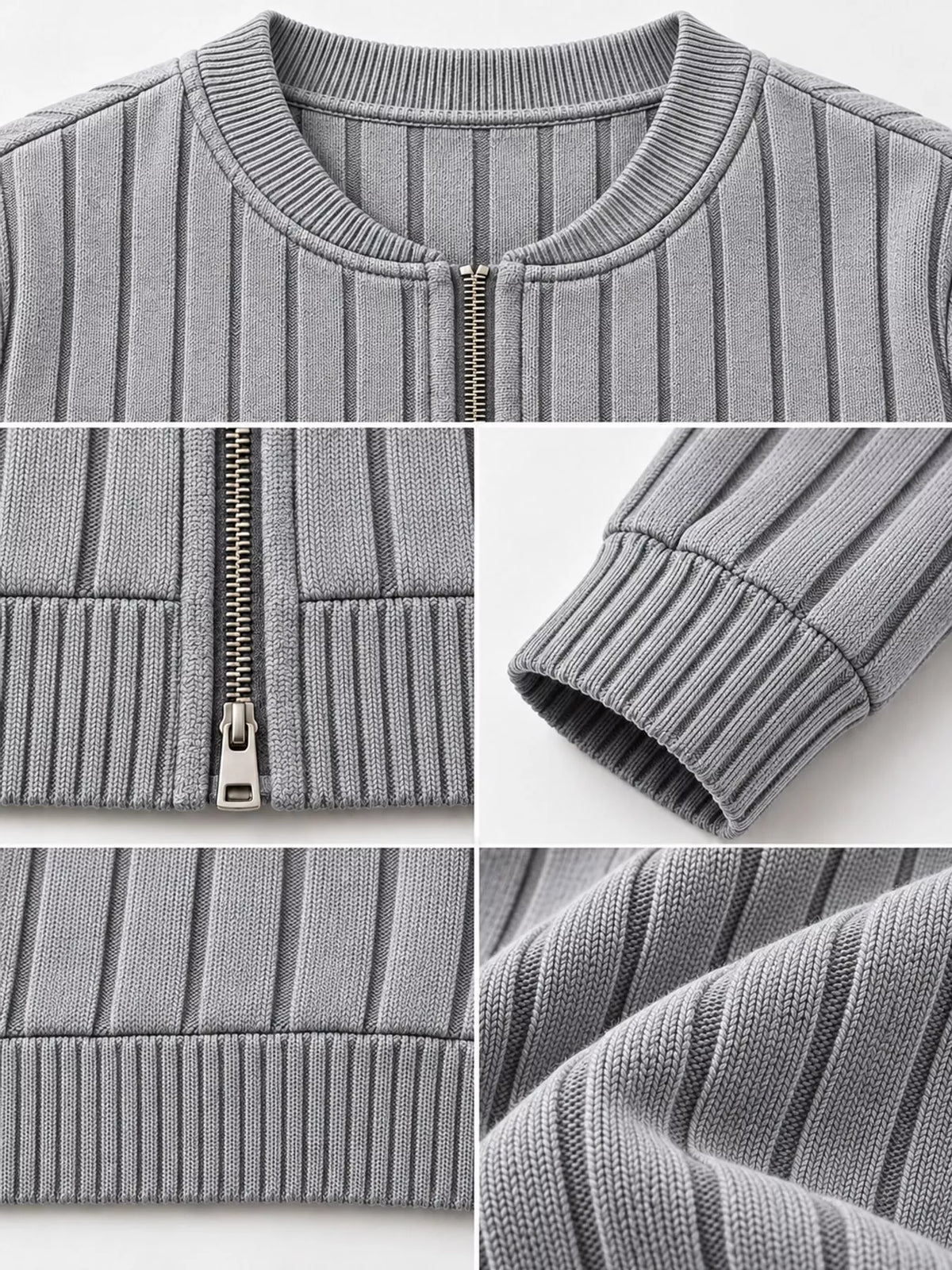 Ribbed Knit Zip-Up Bomber Jacket — construction details