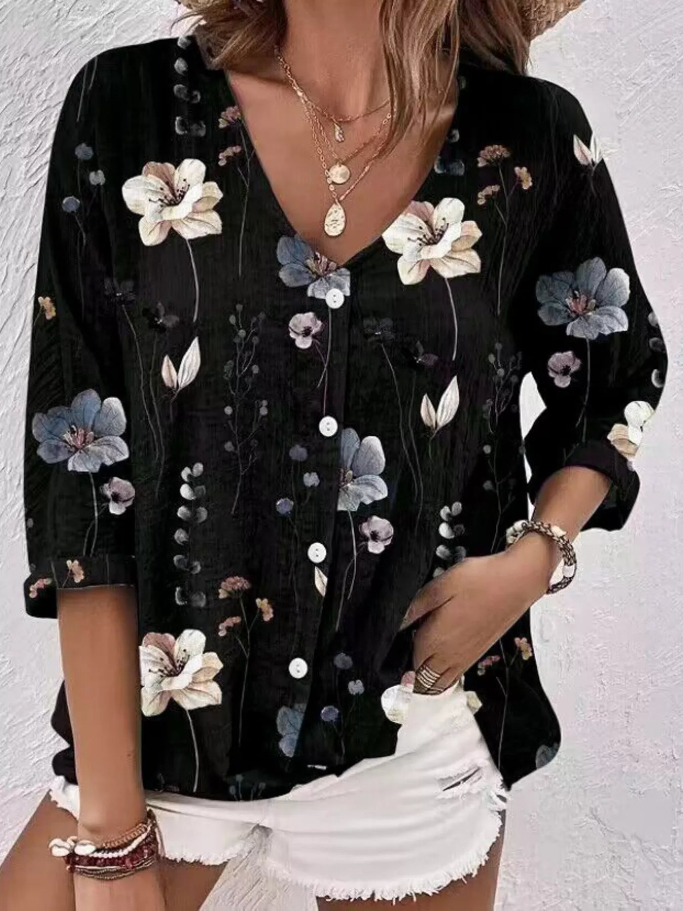 Trendsi Floral Print V-Neck Button-Down Shirt -
