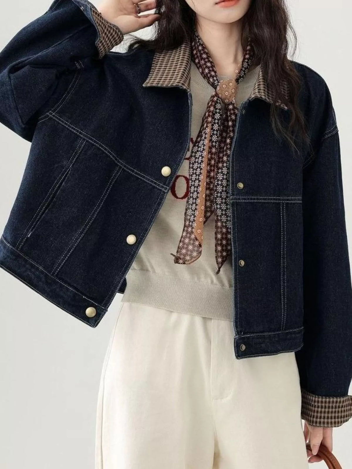 Snap-Front Plaid Collar Denim Jacket — front view