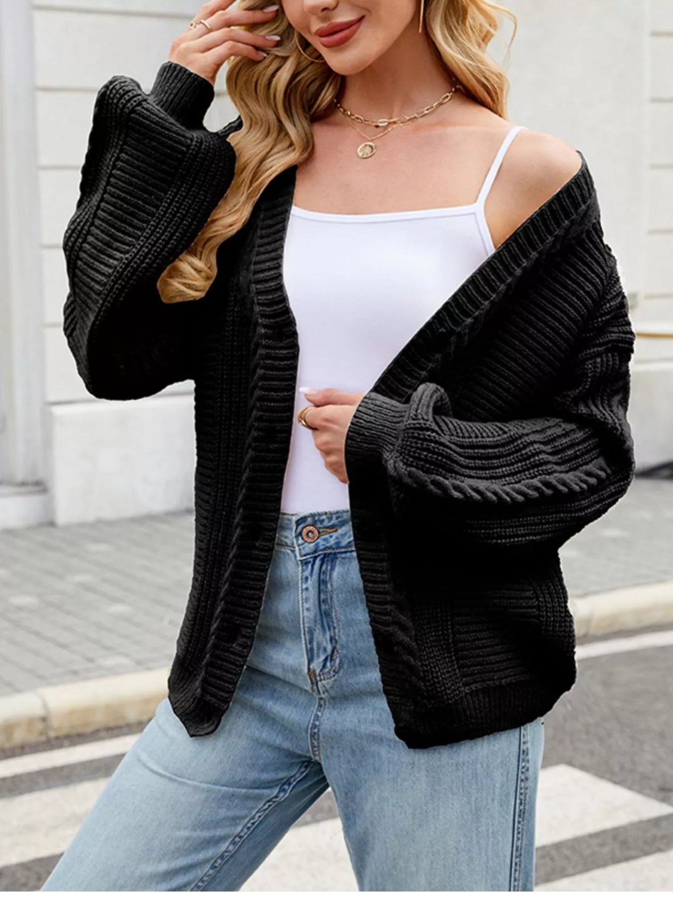 Trendsi Cable Knit Button-Up Cardigan -