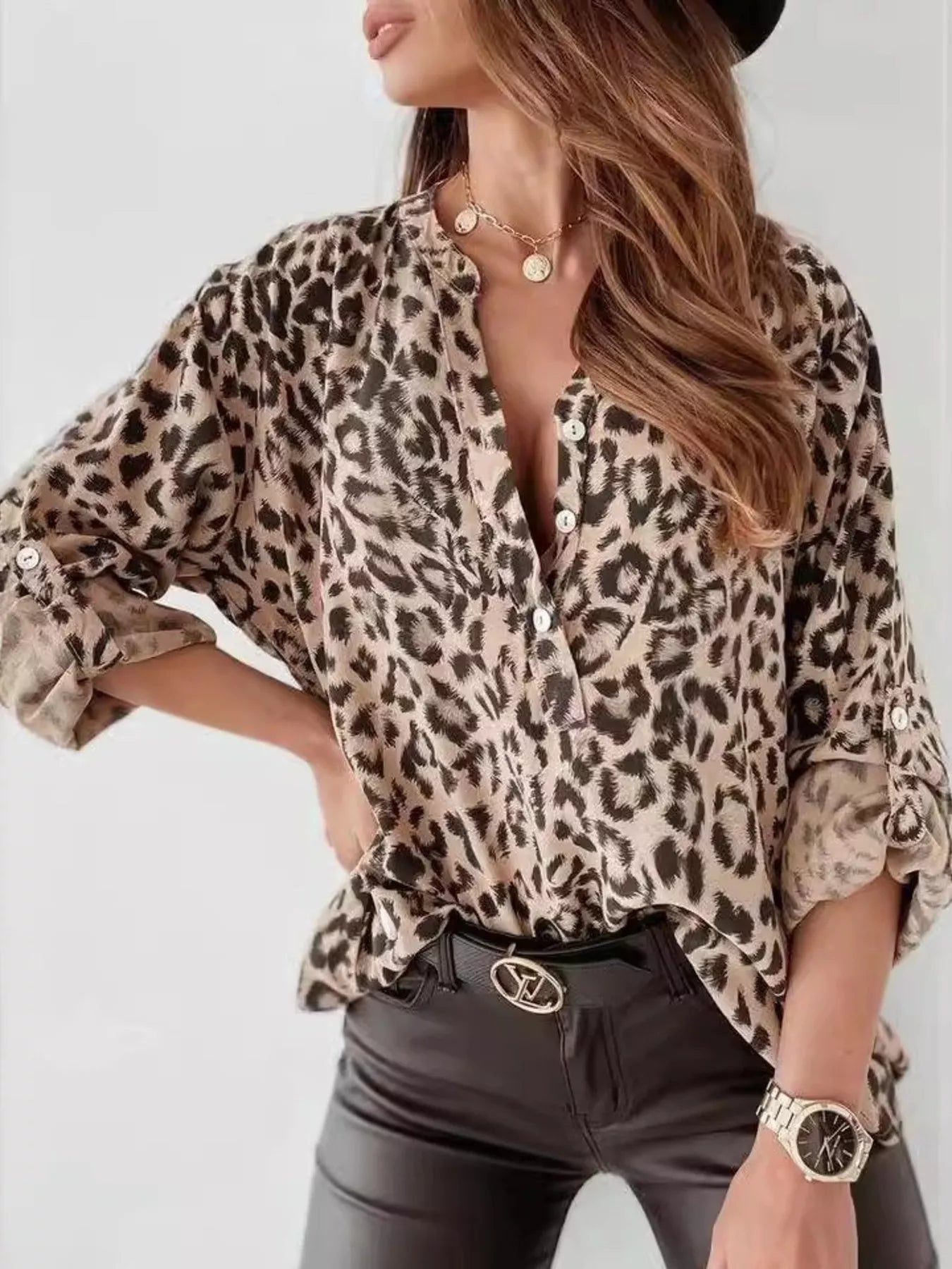 Trendsi Leopard Print Button Detail Blouse -
