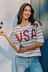 Trendsi SO ME Usa Stripe Knit Short Sleeves Sweater Top -
