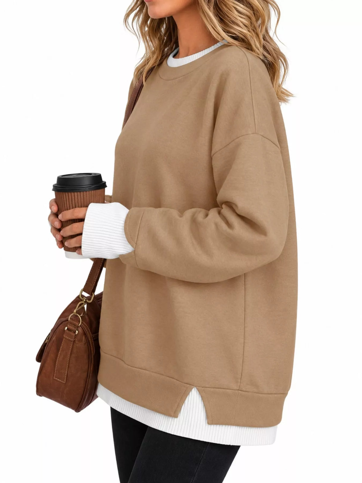 Layered Look Crew Neck Sweatshirt in brown, side view
