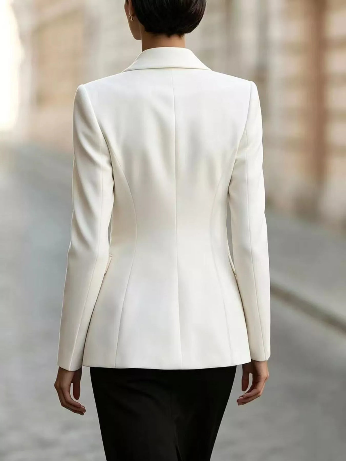 Tie-front lapel collar blazer in white, back view