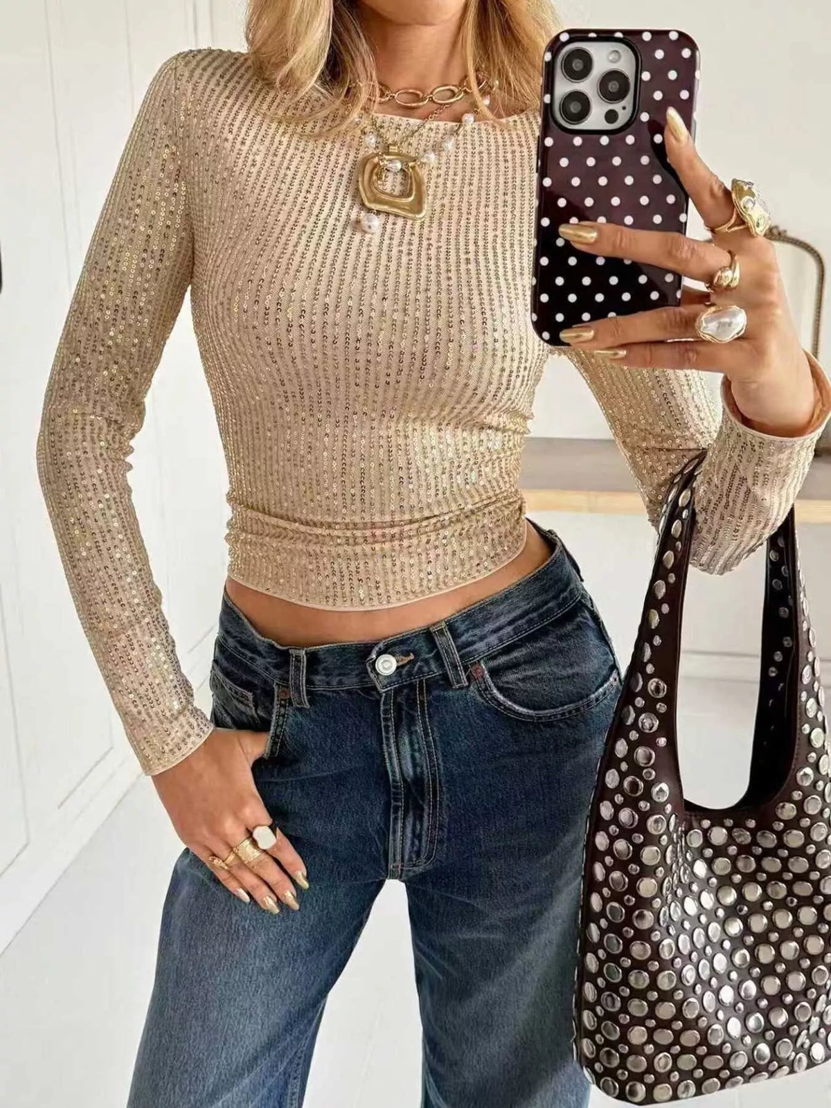Gold sequin long sleeve crop T-shirt