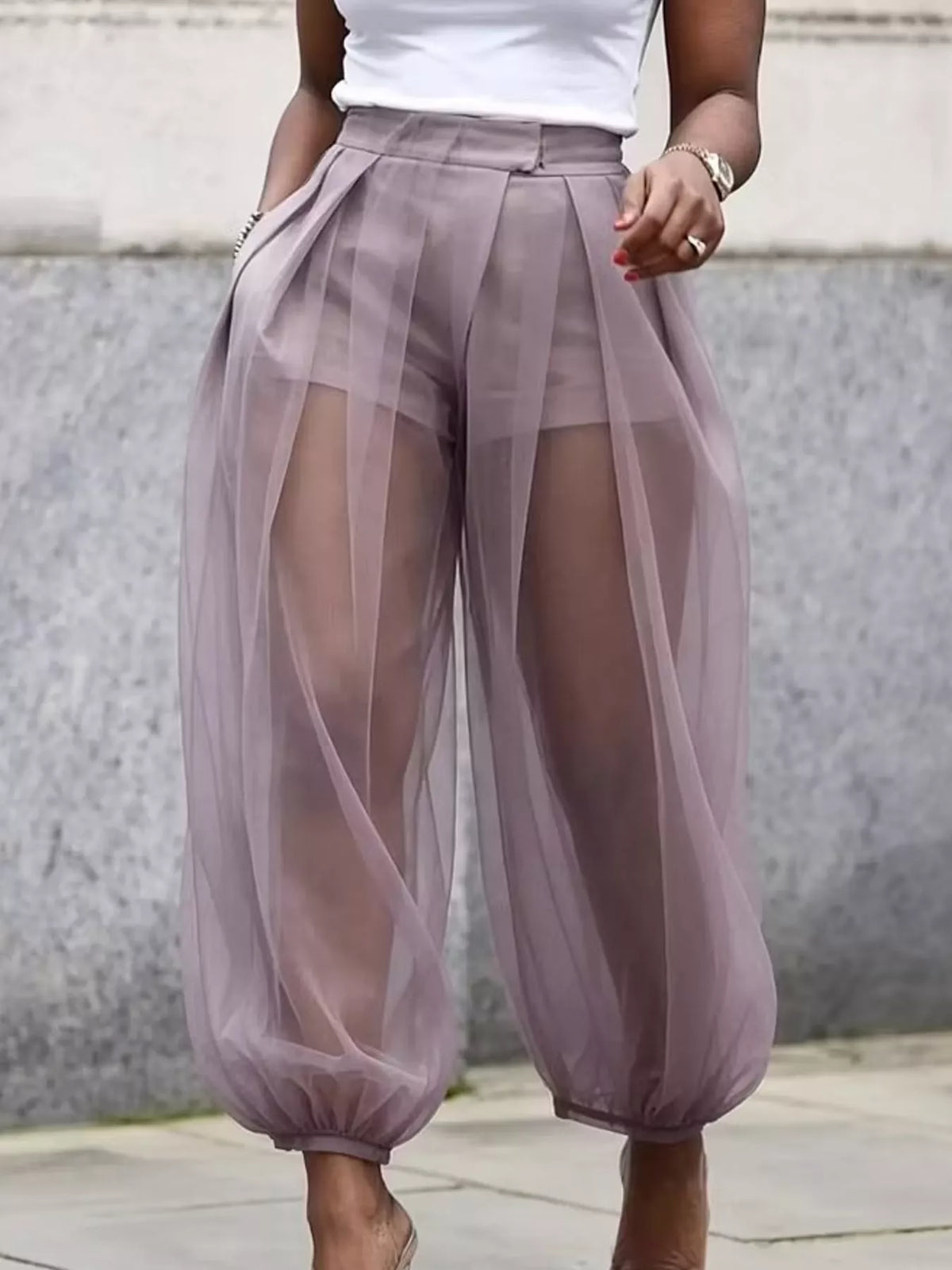 High-Waisted Sheer Tulle Balloon Pants — front view