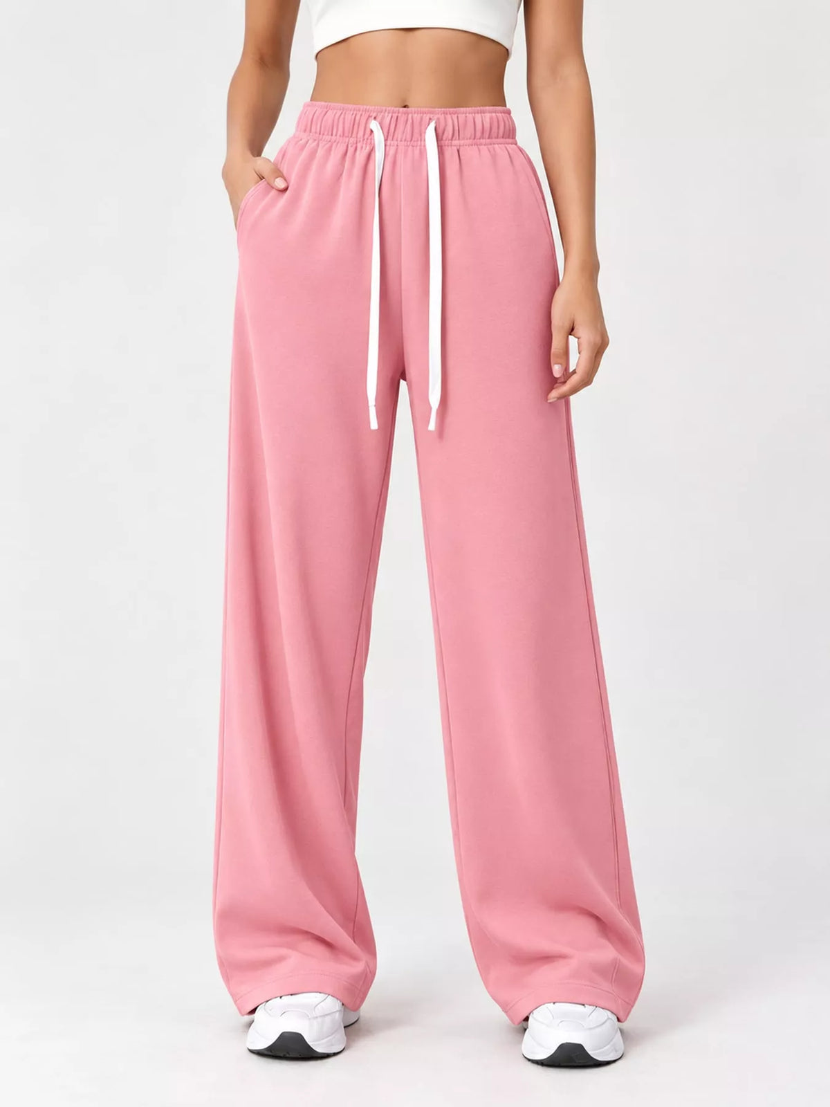 Pink wide-leg pants with drawstring