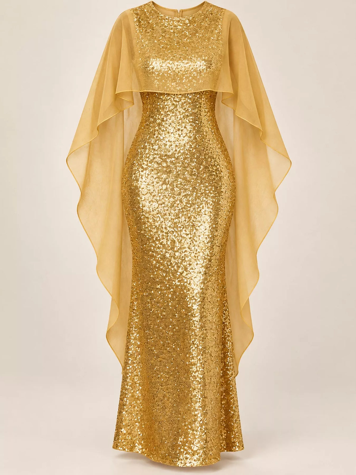 Women's Sequin Cape Overlay Evening Dress in gold — flat lay view