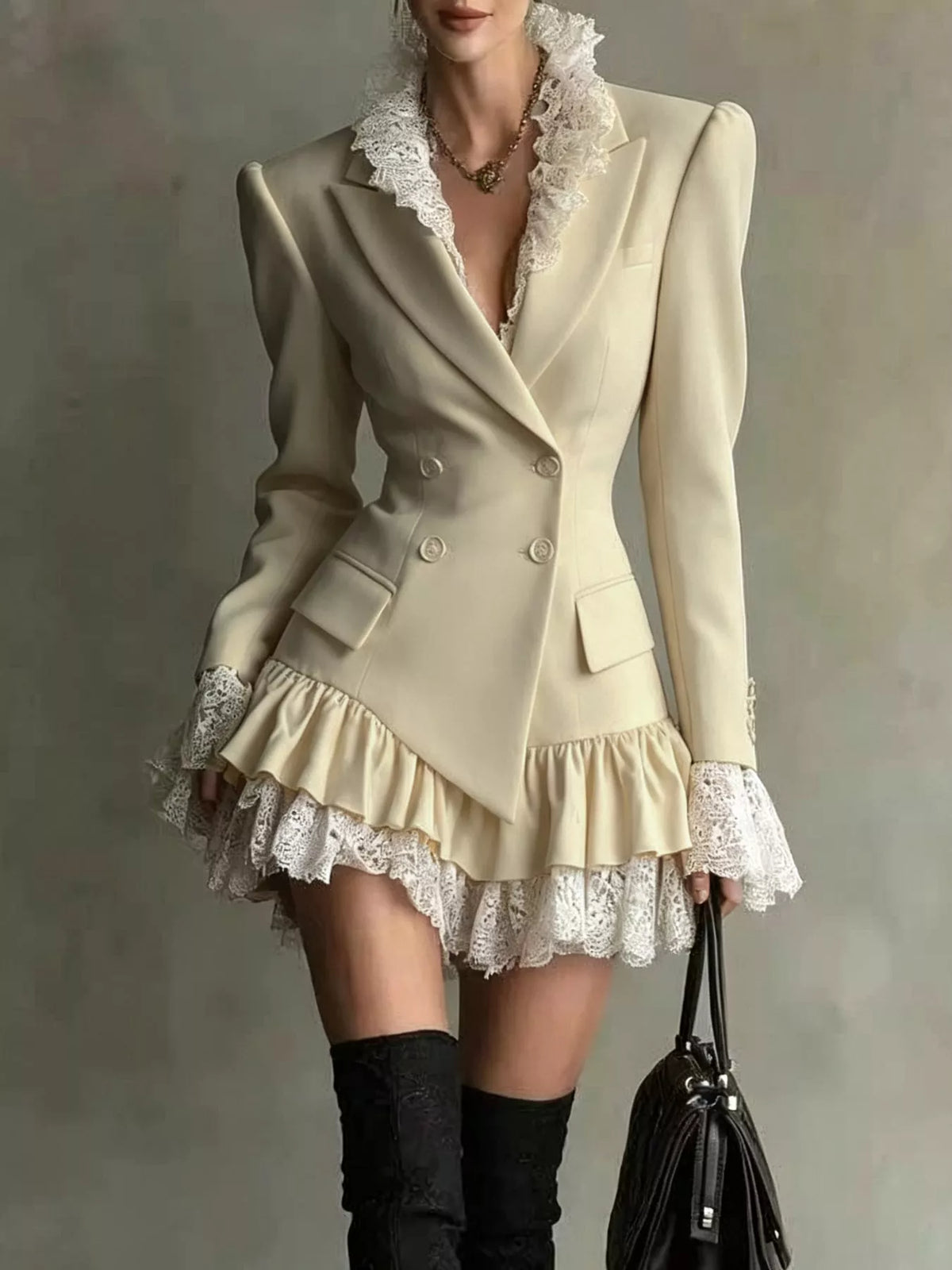 Pale yellow lace trim blazer dress, front view