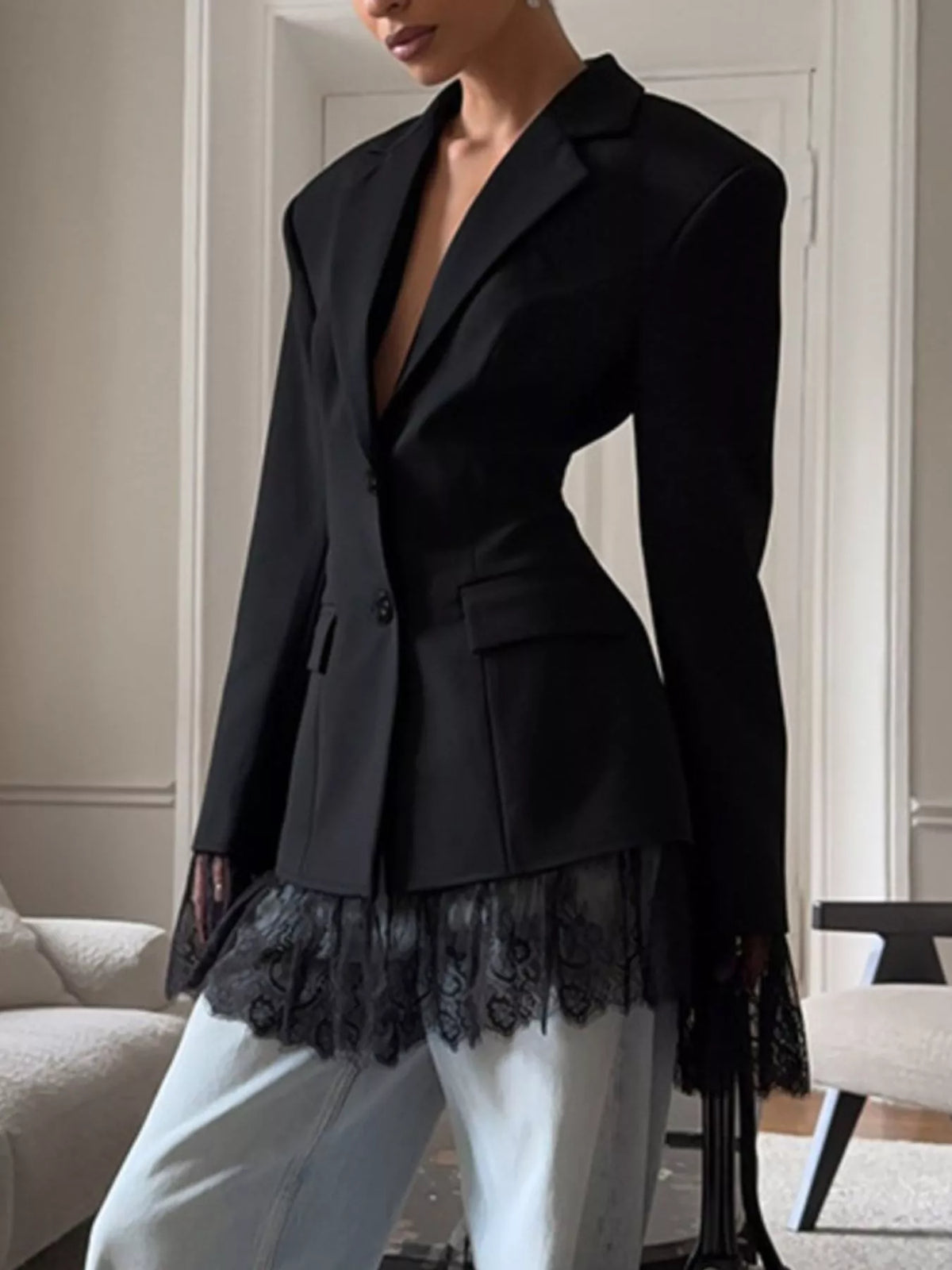 Trendsi Lace Hem Button Down Blazer -