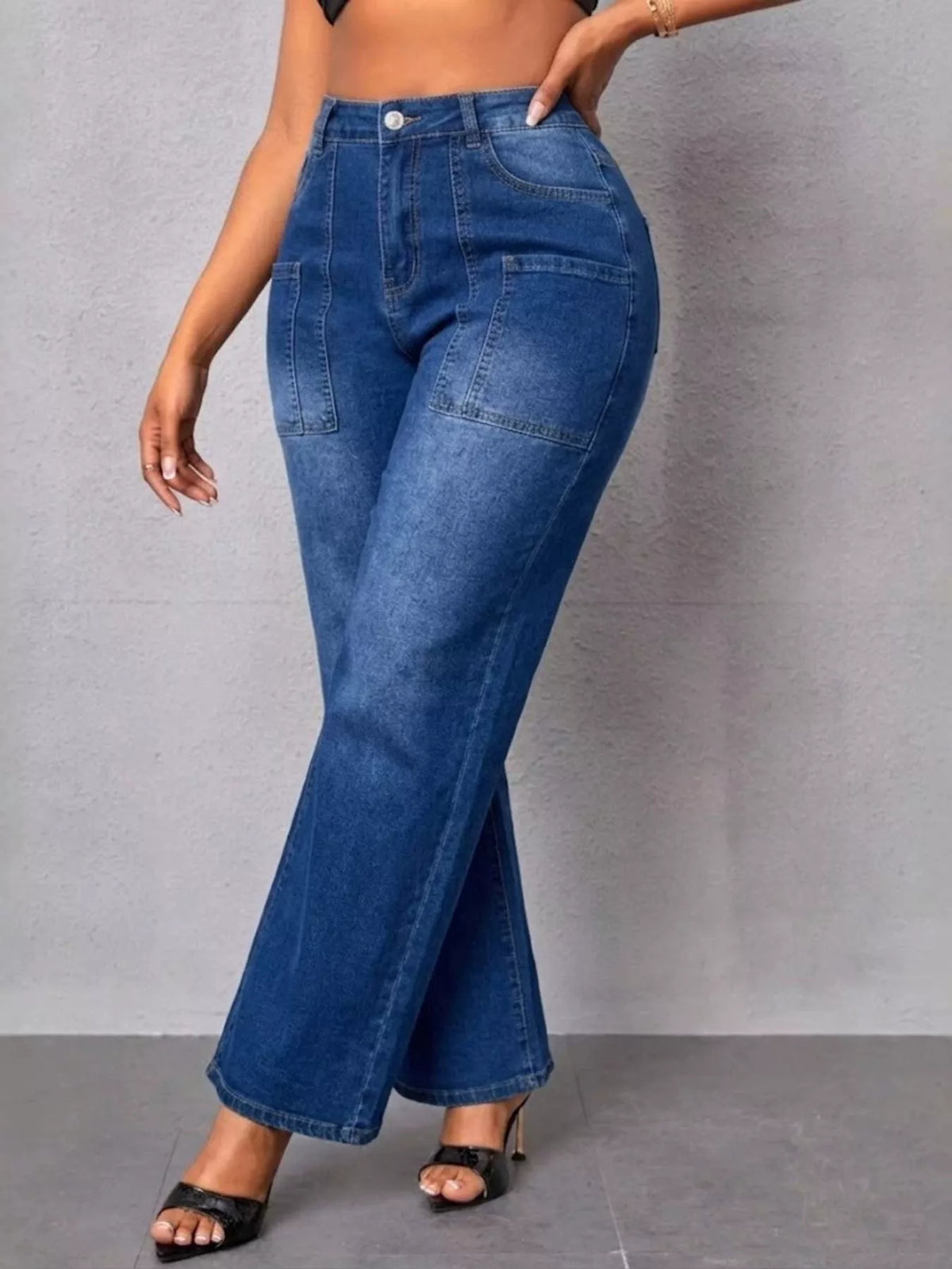 High-Waisted Patch Pocket Wide-Leg Jeans in blue, front view