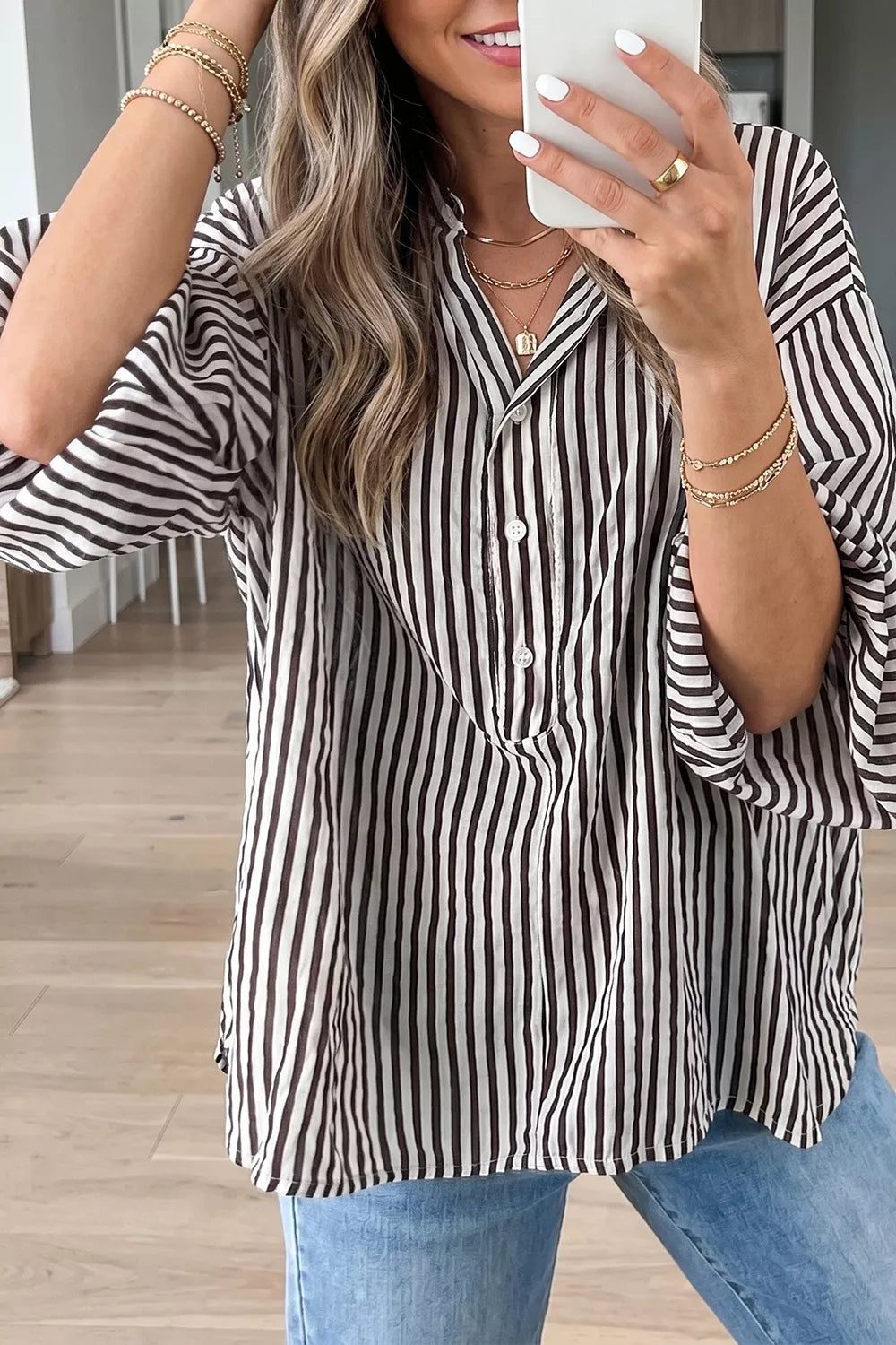 Trendsi Striped Half Sleeve Button-Up Shirt -