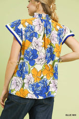 Trendsi Umgee Floral Print Blouse with Contrast Trim -
