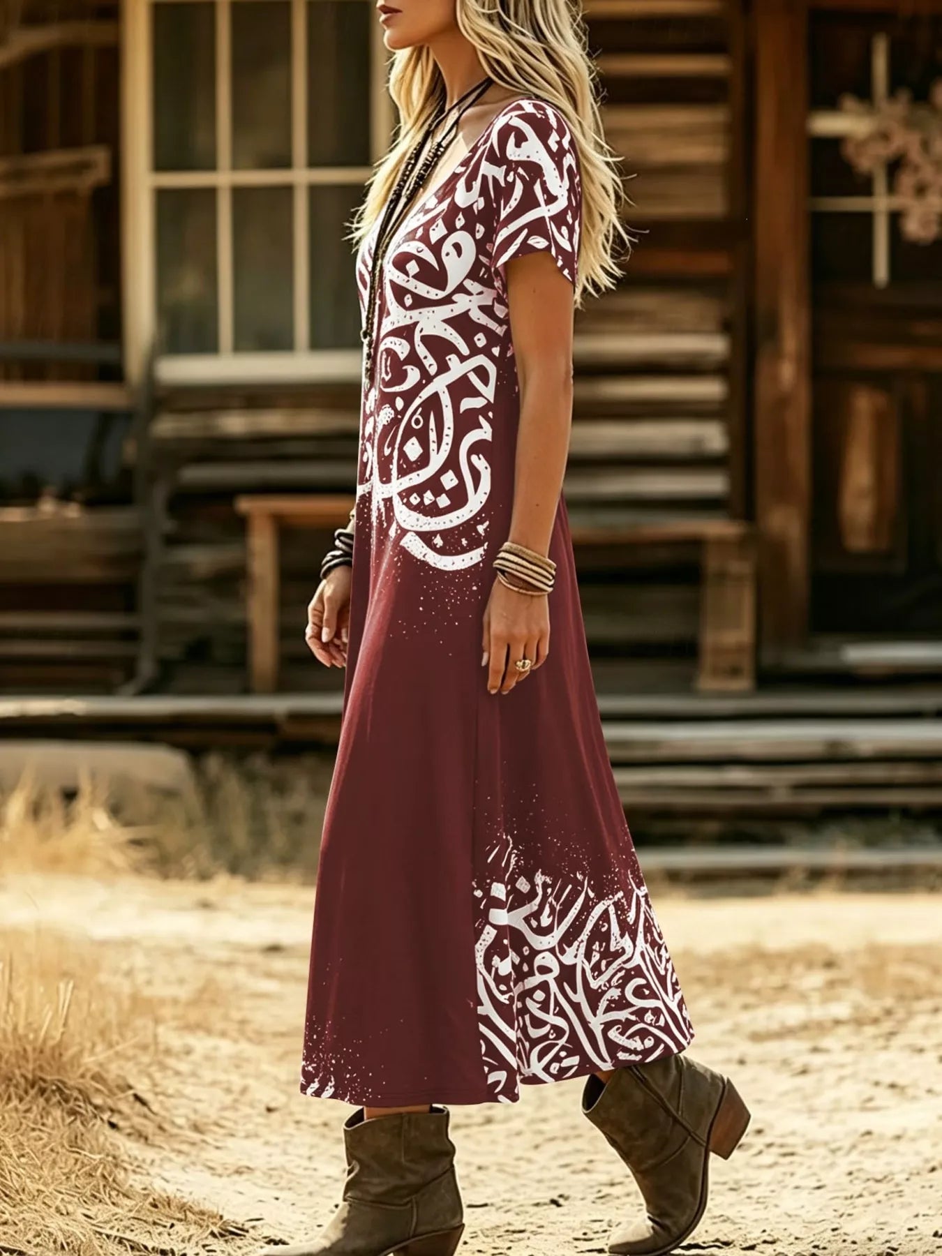 Trendsi Printed Short Sleeve Midi Dress -