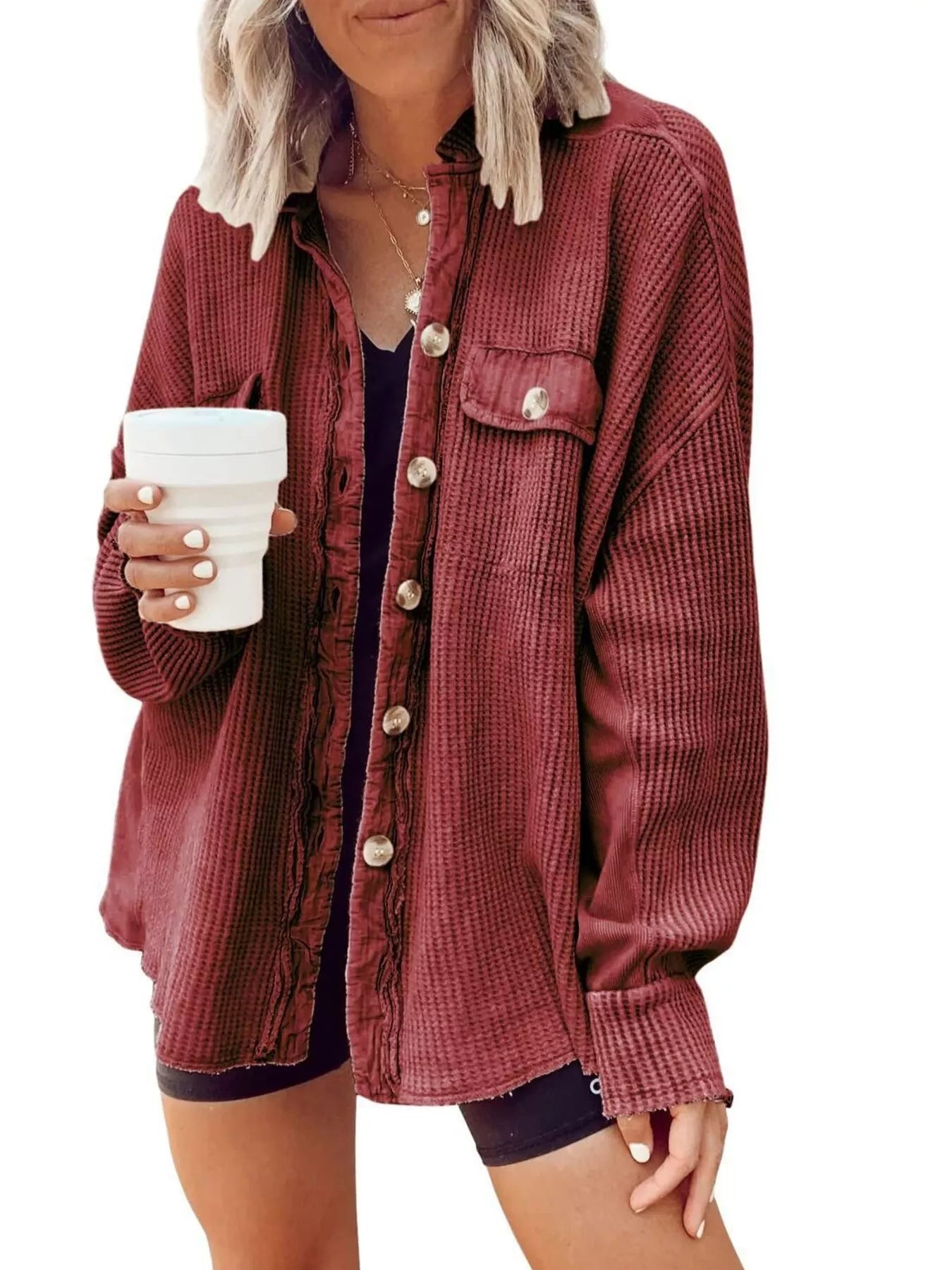 Trendsi Oversized Waffle Knit Button-Up Jacket -