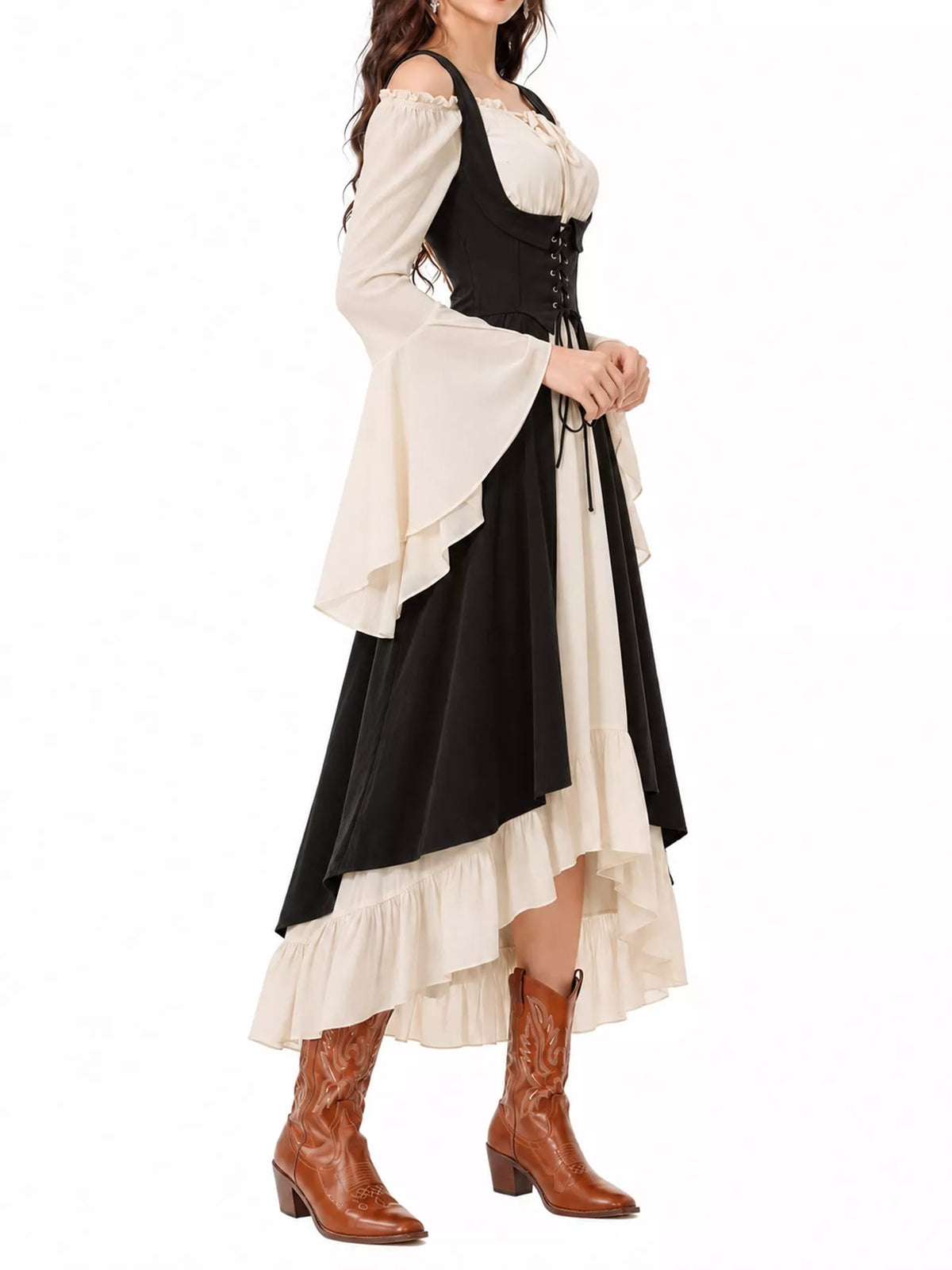Black corset style lace-up bell sleeve dress — side view