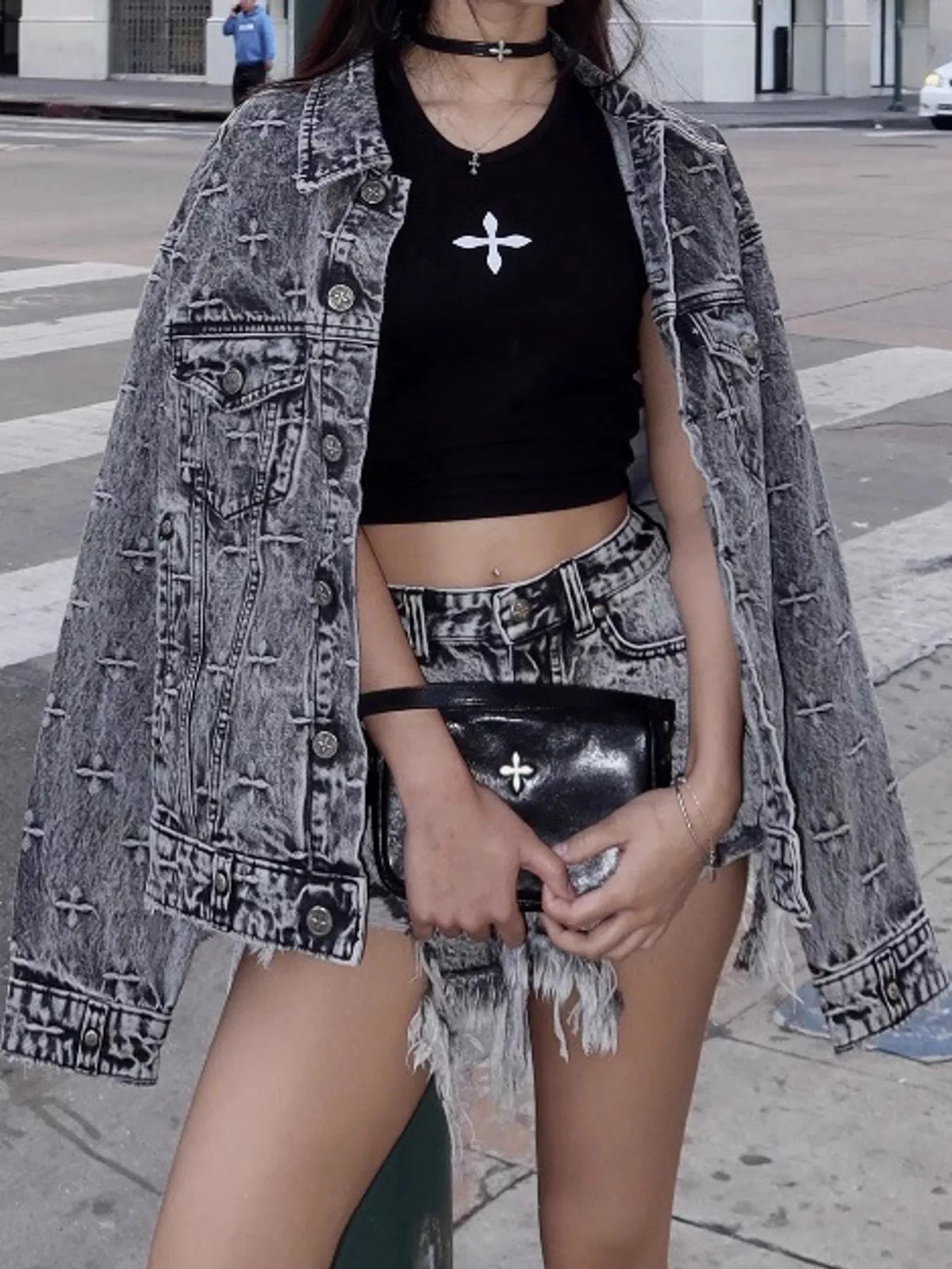 Gray oversized button up denim jacket