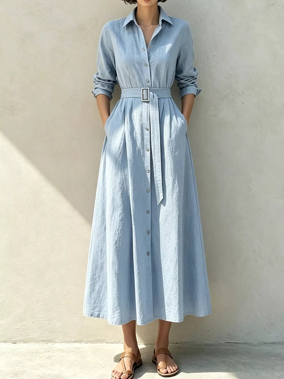 Button-Down Midi Shirt Dress with Pockets, front view