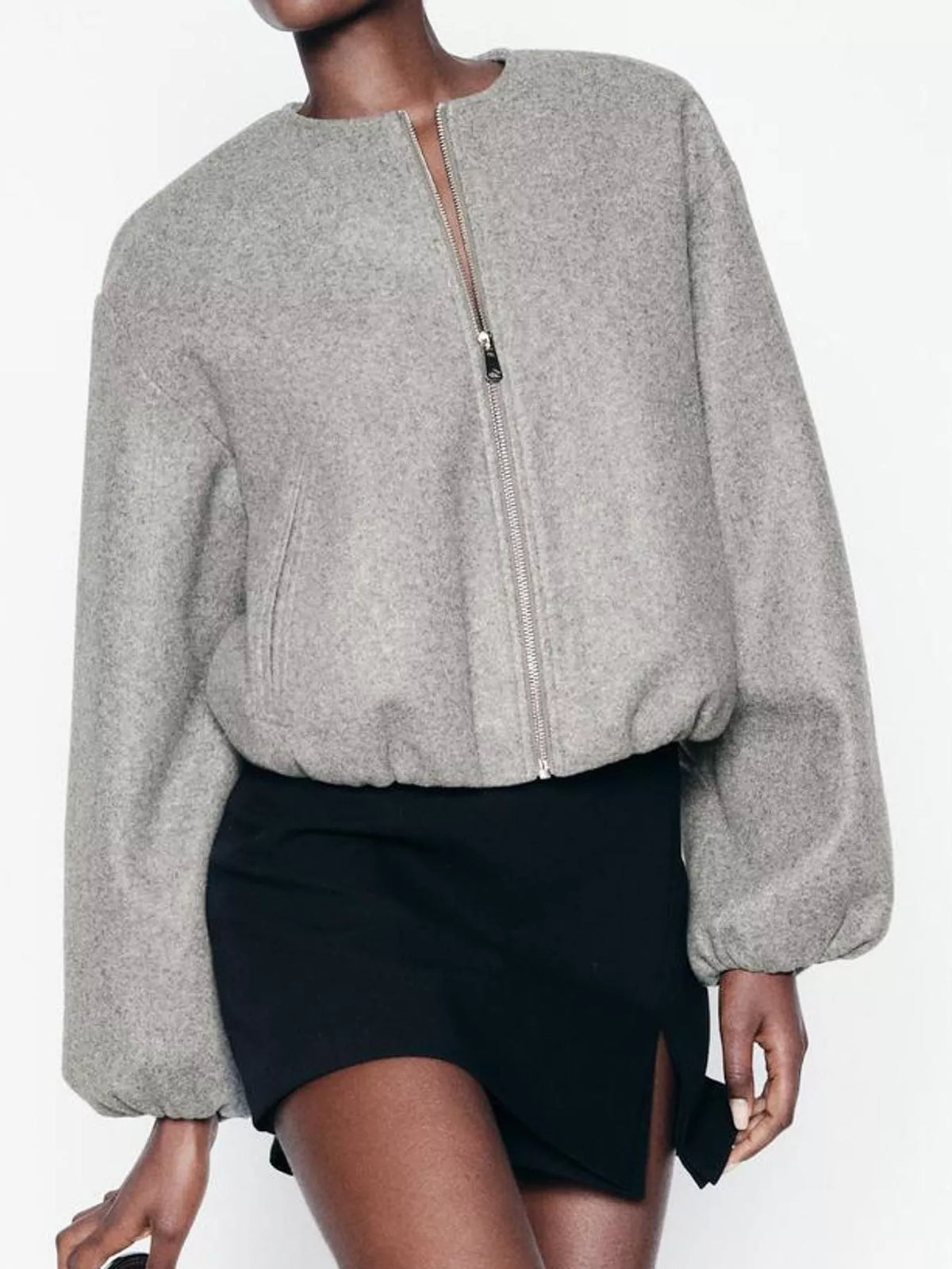 Cropped Round-Neck Zip-Up Jacket — front view
